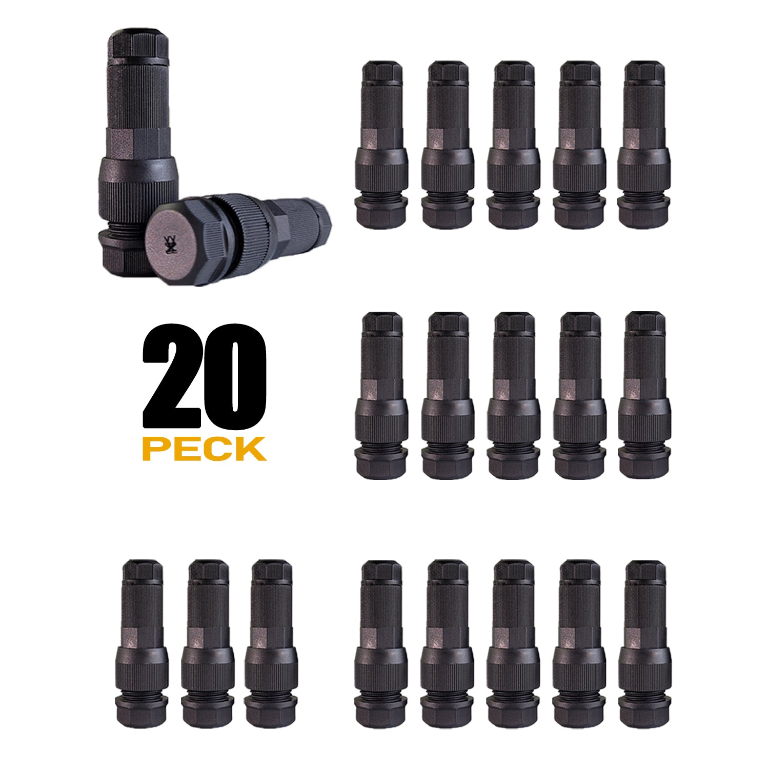 Twenty-pack of black low voltage wire tap connectors for 12-20 gauge landscape lighting cable, arranged neatly with quantity label