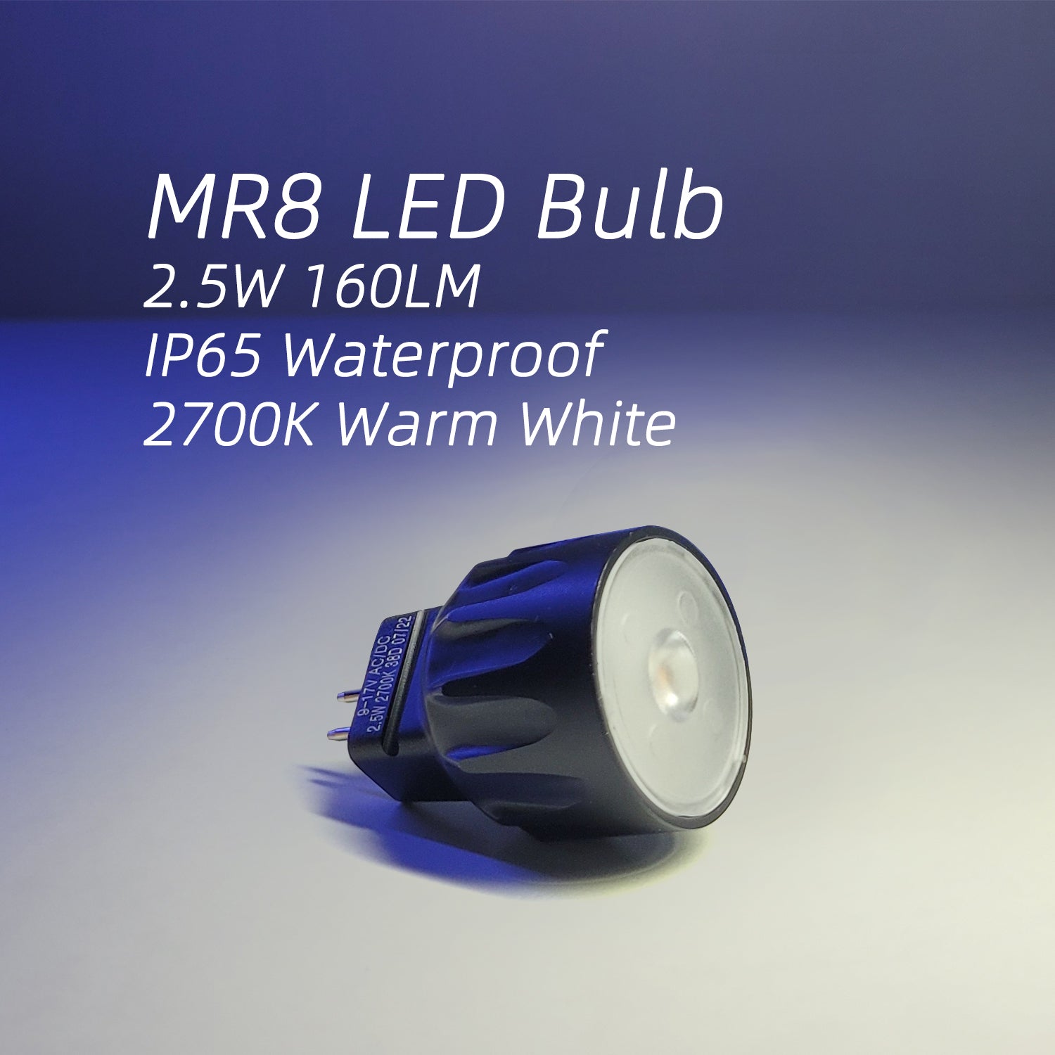 MR8 LED Bulb, 2.5W 160LM, IP65 Waterproof, 2700K Warm White on smooth surface with gradient blue background