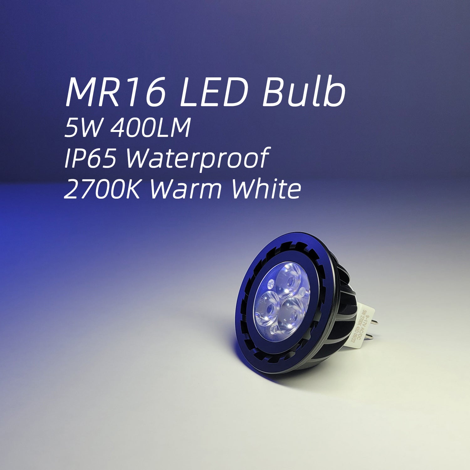MR16 LED bulb, 5W 400 lumens, IP65 waterproof rating, emitting 2700K warm white light for outdoor landscaping.