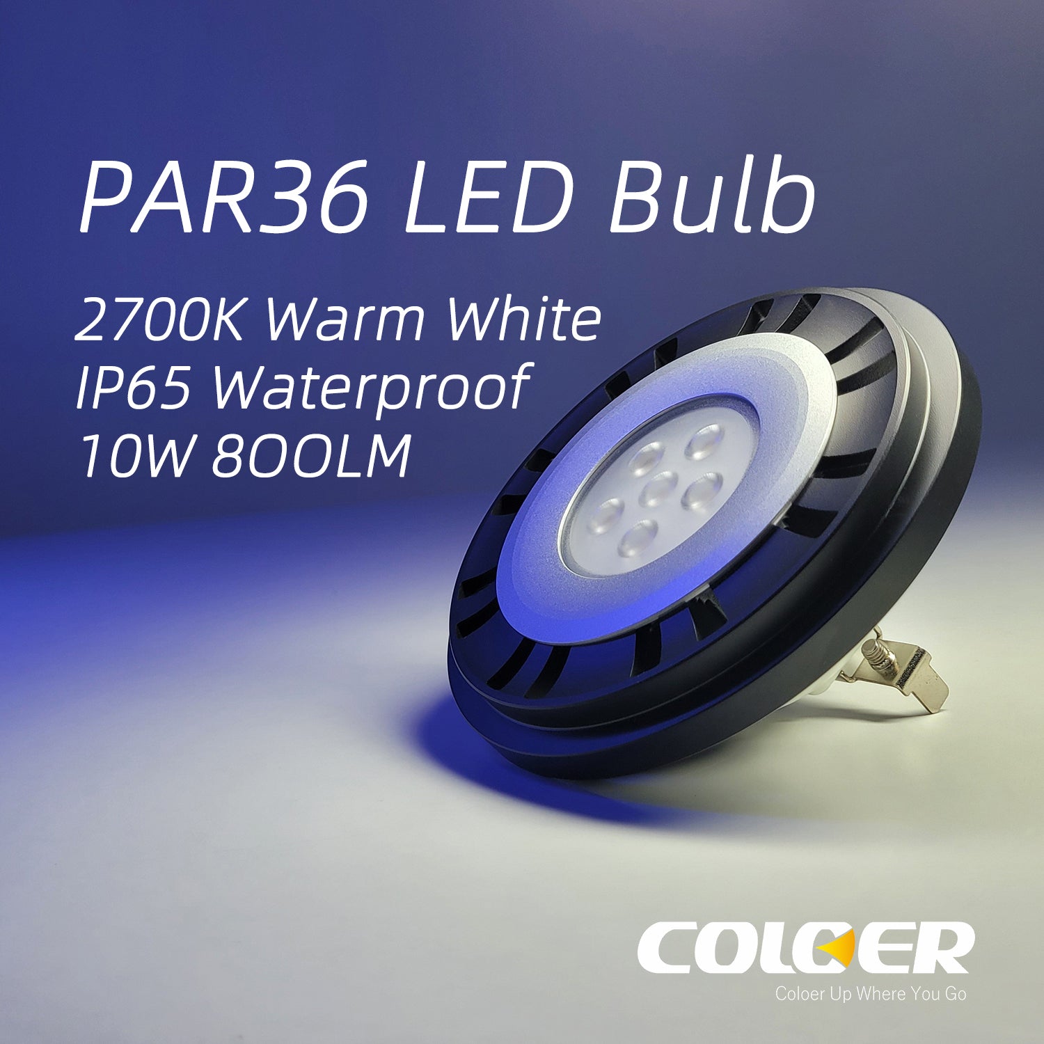 Close-up of COLOER PAR36 LED bulb with features like 2700K warm white light, IP65 waterproof rating, 10W 800LM output specified in text