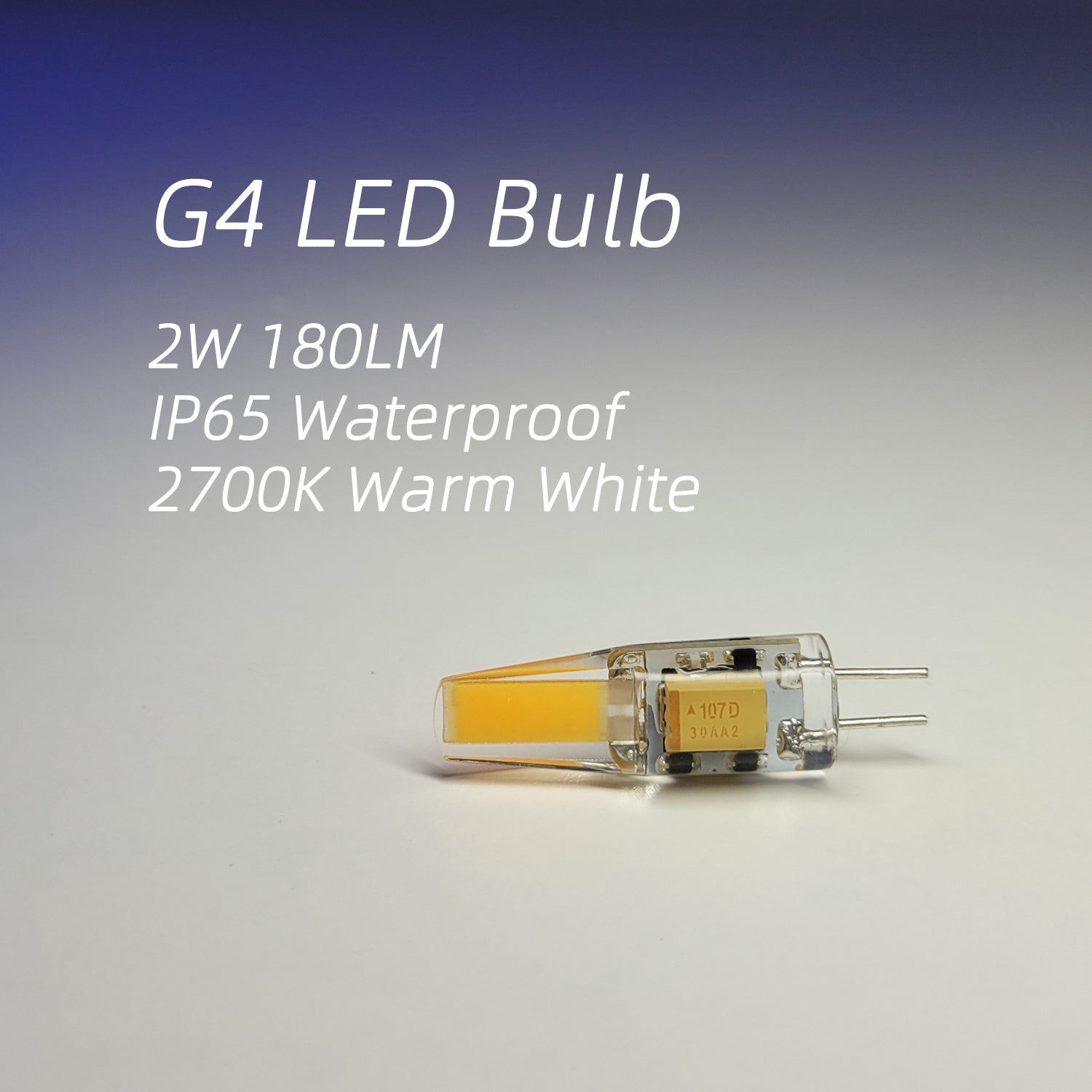 G4 LED bulb with specifications 2W 180 lumens, IP65 waterproof, 2700K warm white light on a gradient background