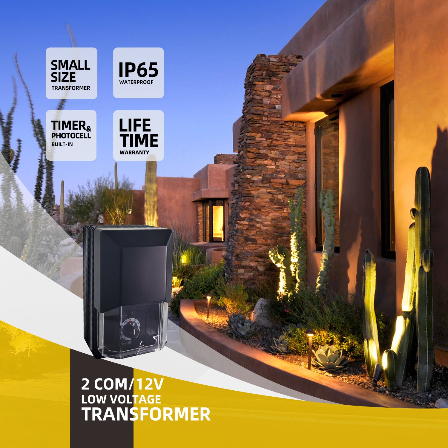 LED landscape lighting setup at dusk with illuminated cacti and architectural features. Highlighted product is the 2COM/12V Low Voltage Transformer, featuring small size, IP65 waterproof rating, built-in timer and photocell, and lifetime warranty.