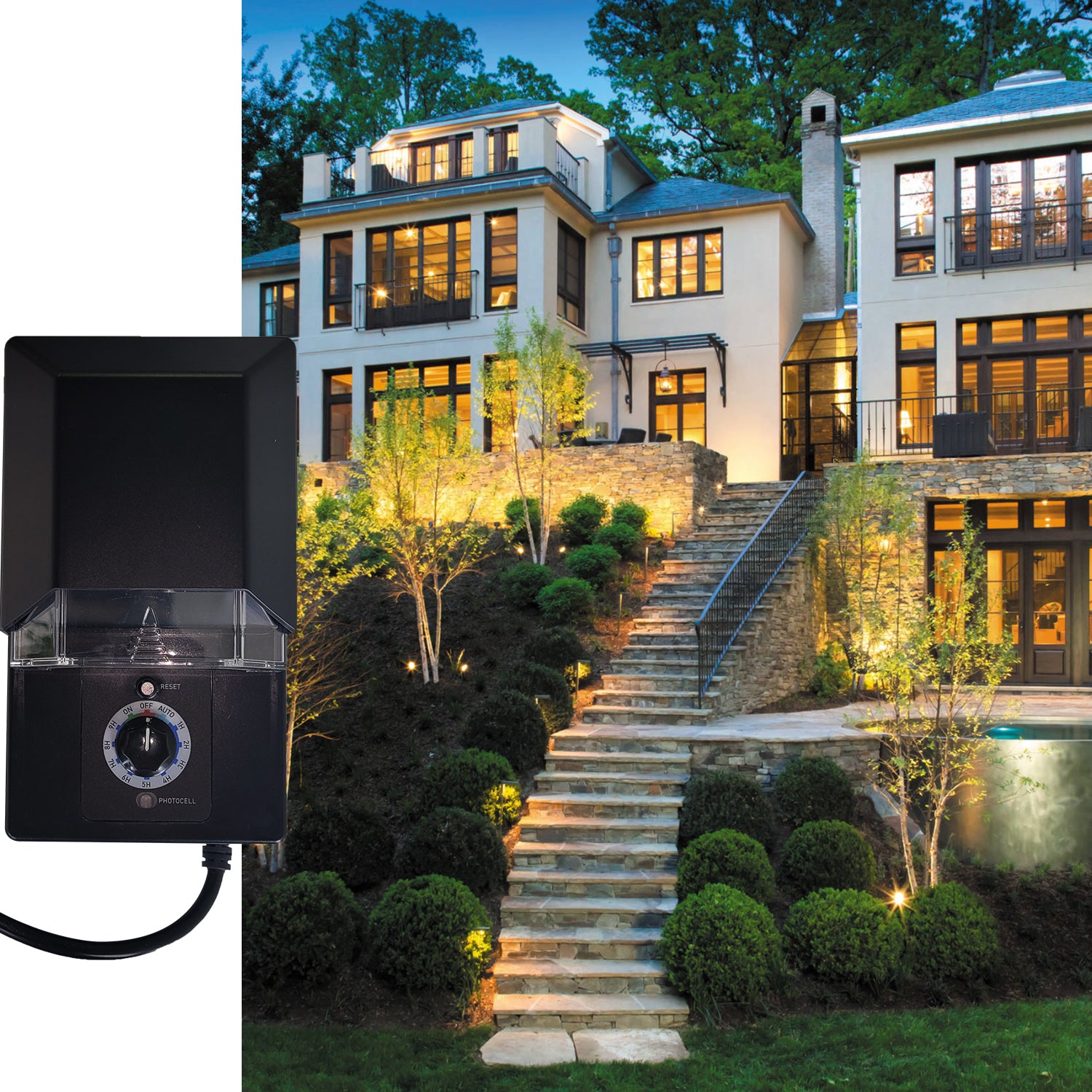 Modern multi-story house with illuminated garden and steps, featuring the 100W 200W Low Voltage 2COM Multi-Tap Transformer COT711P in the bottom left corner.