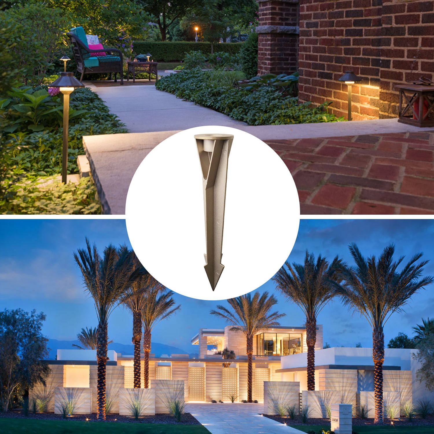 Garden and walkway illuminated by landscape lights, modern house with a well-lit driveway, and a brass landscape light ground stake enlarged in the center.