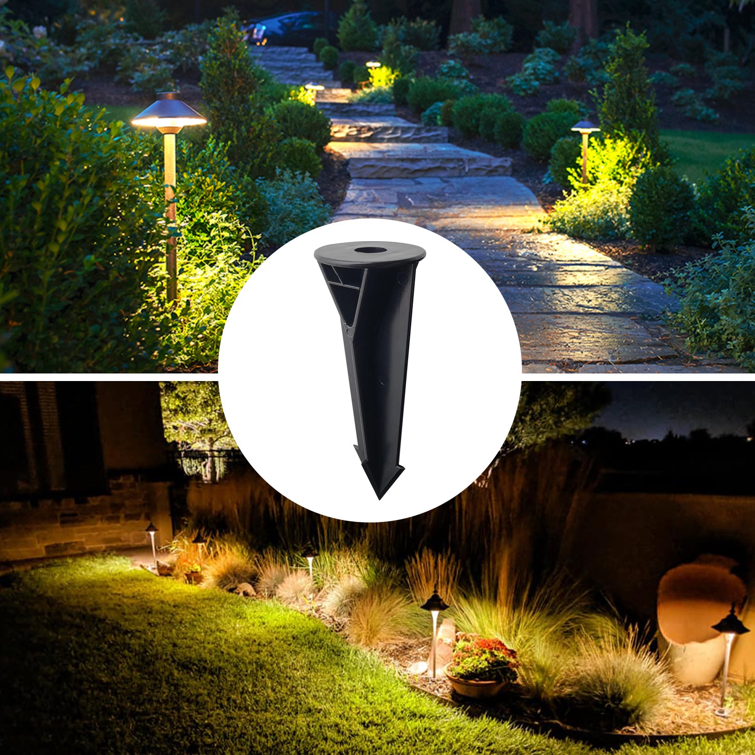 Collage of outdoor garden path lit with landscape lights and backyard garden with night lighting; close-up of a black PVC landscape light ground stake spike in the center.