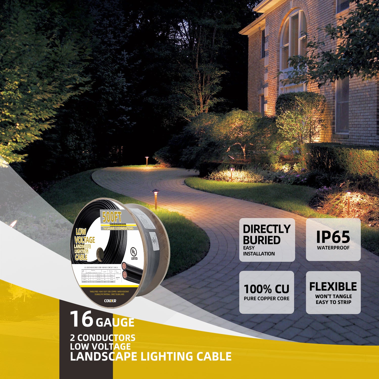 500 ft spool of COLOER 16 gauge low voltage landscape lighting cable with 2 conductors and 100% pure copper core. Background shows illuminated garden path. Key features: Directly Buried Easy Installation, IP65 Waterproof, 100% CU Pure Copper Core, Flexible Won't Tangle, Easy to Strip.
