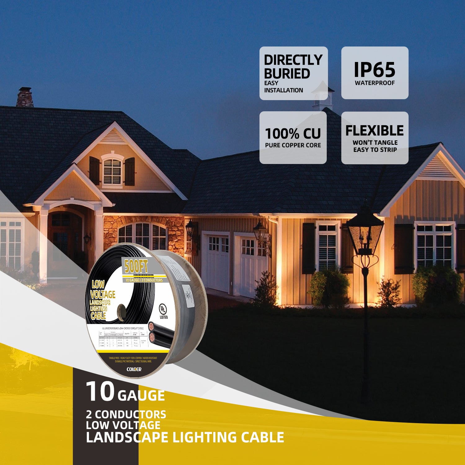 500ft spool of 10 gauge 2 conductor low voltage landscape lighting cable in front of an illuminated house. The cable is described as directly buried, IP65 waterproof, 100% pure copper core, and flexible.