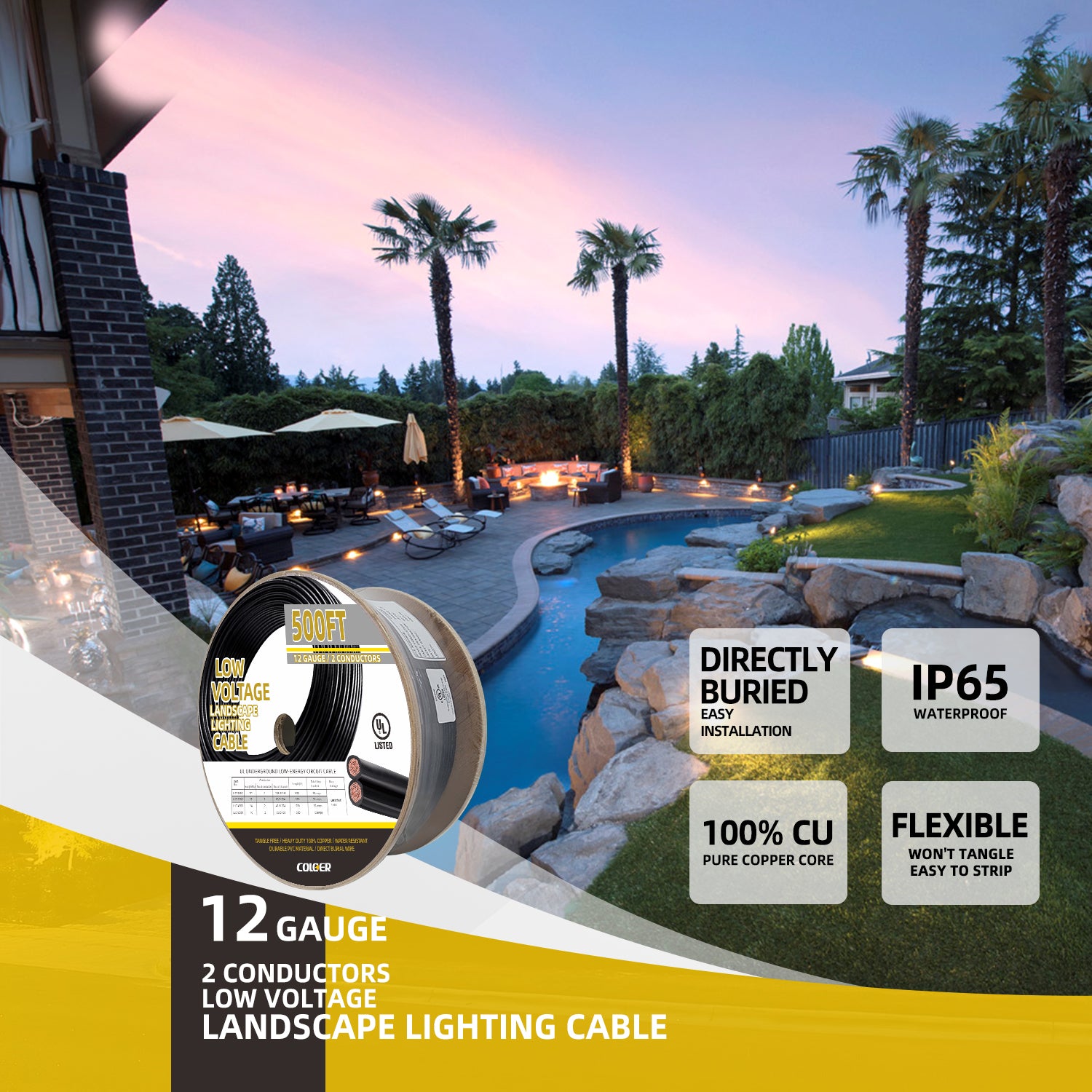 12 Gauge 2 Conductor Low Voltage Landscape Lighting Cable by COLOER. Features include easy installation, directly buried, IP65 waterproof, 100% pure copper core, and flexible design. Image shows a coil of cable and a backyard with landscape lighting.