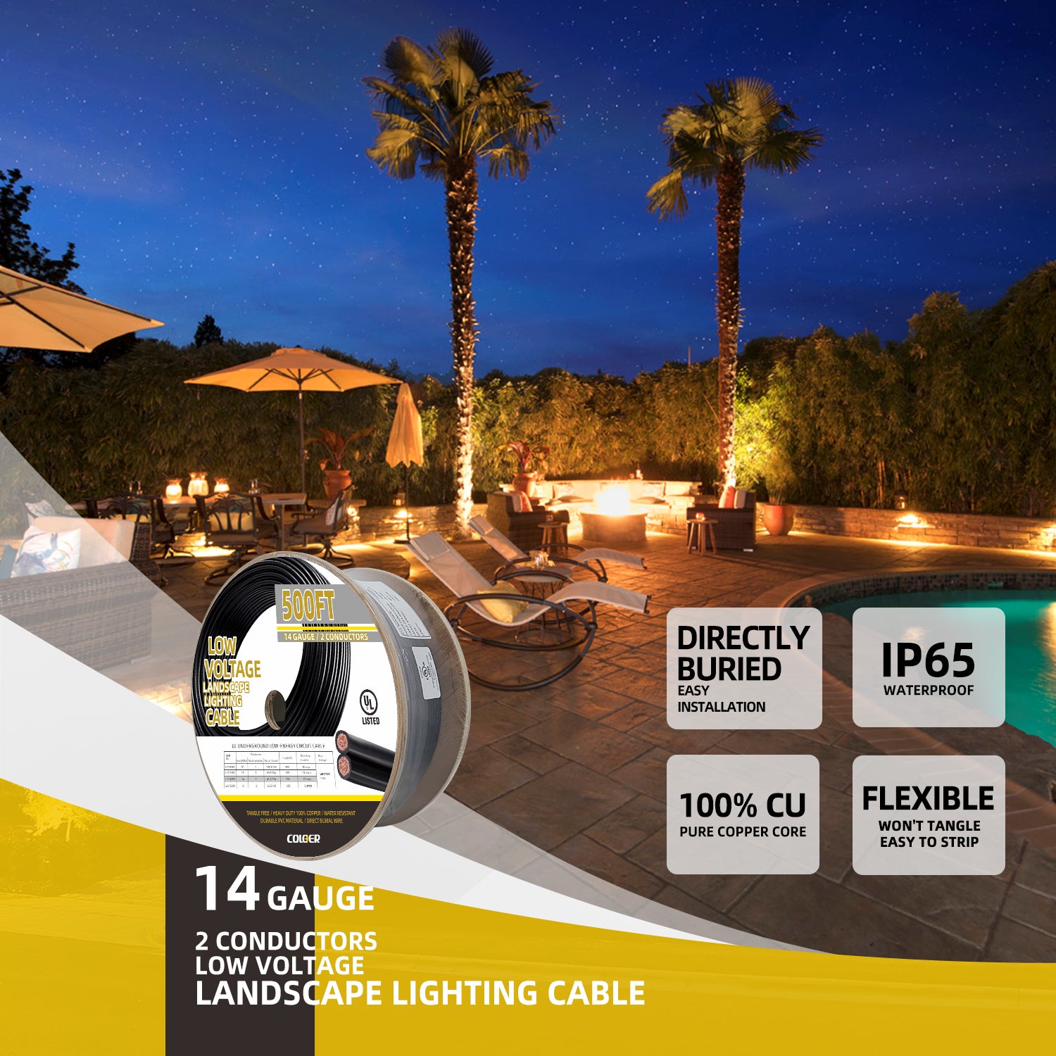 14 gauge low voltage landscape lighting cable by COLOER, 500ft length, 2 conductors, 100% pure copper core, flexible, IP65 waterproof and easy installation, shown by an illuminated outdoor area with poolside lounge chairs and palm trees.