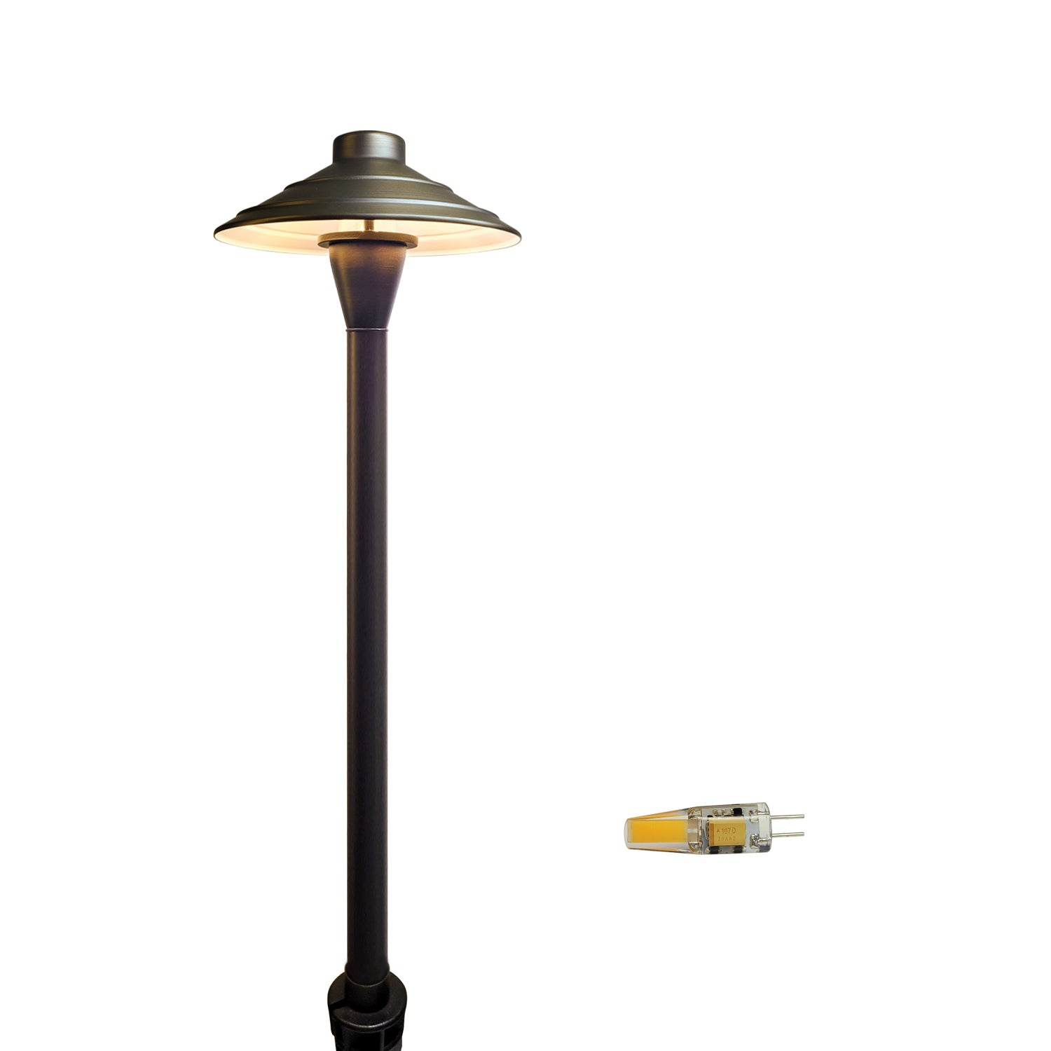 Brass outdoor garden pathway light COP601B with LED low voltage illumination and included bulb on white background