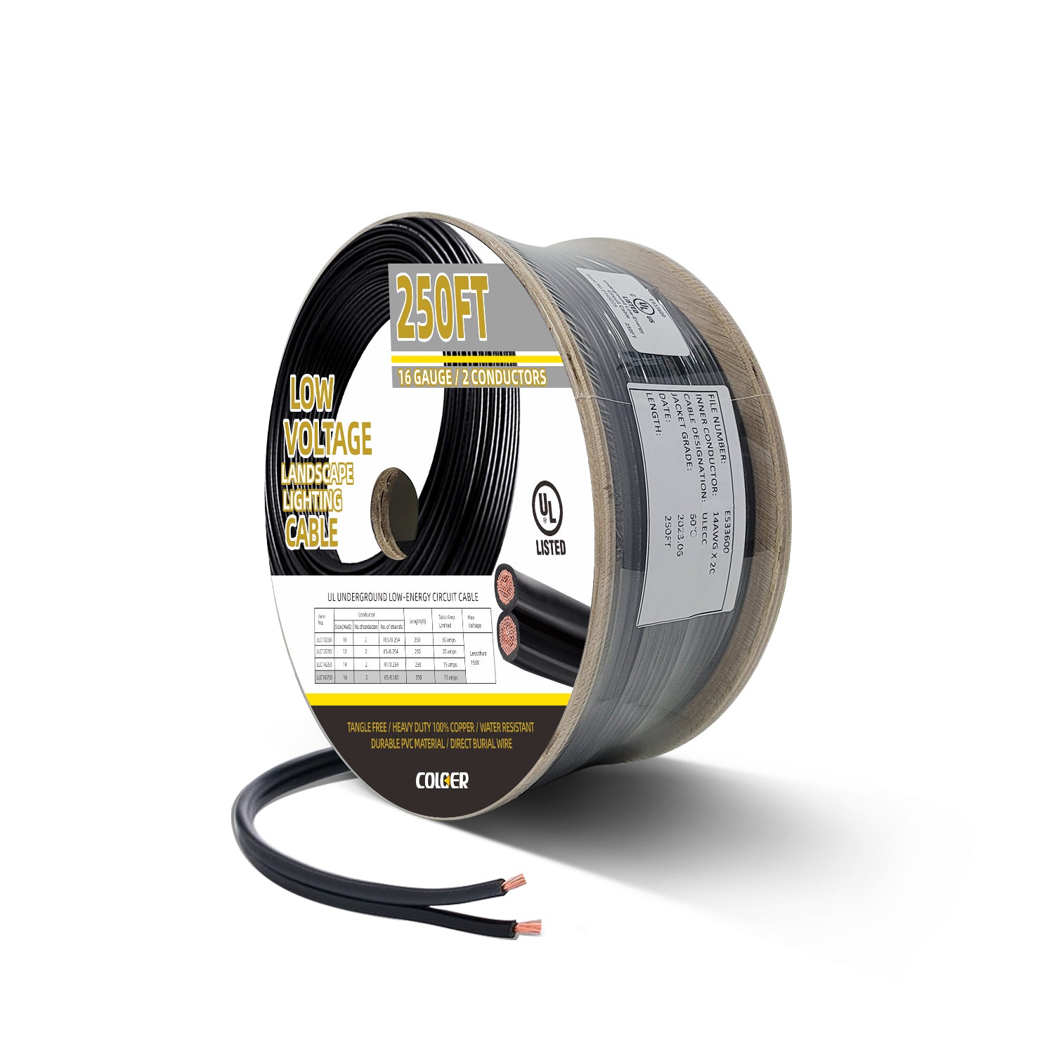 16 Gauge Low Voltage Pure Copper Landscape Wire, 250 feet roll with 2 conductors for outdoor direct burial, UL listed, by COLOER