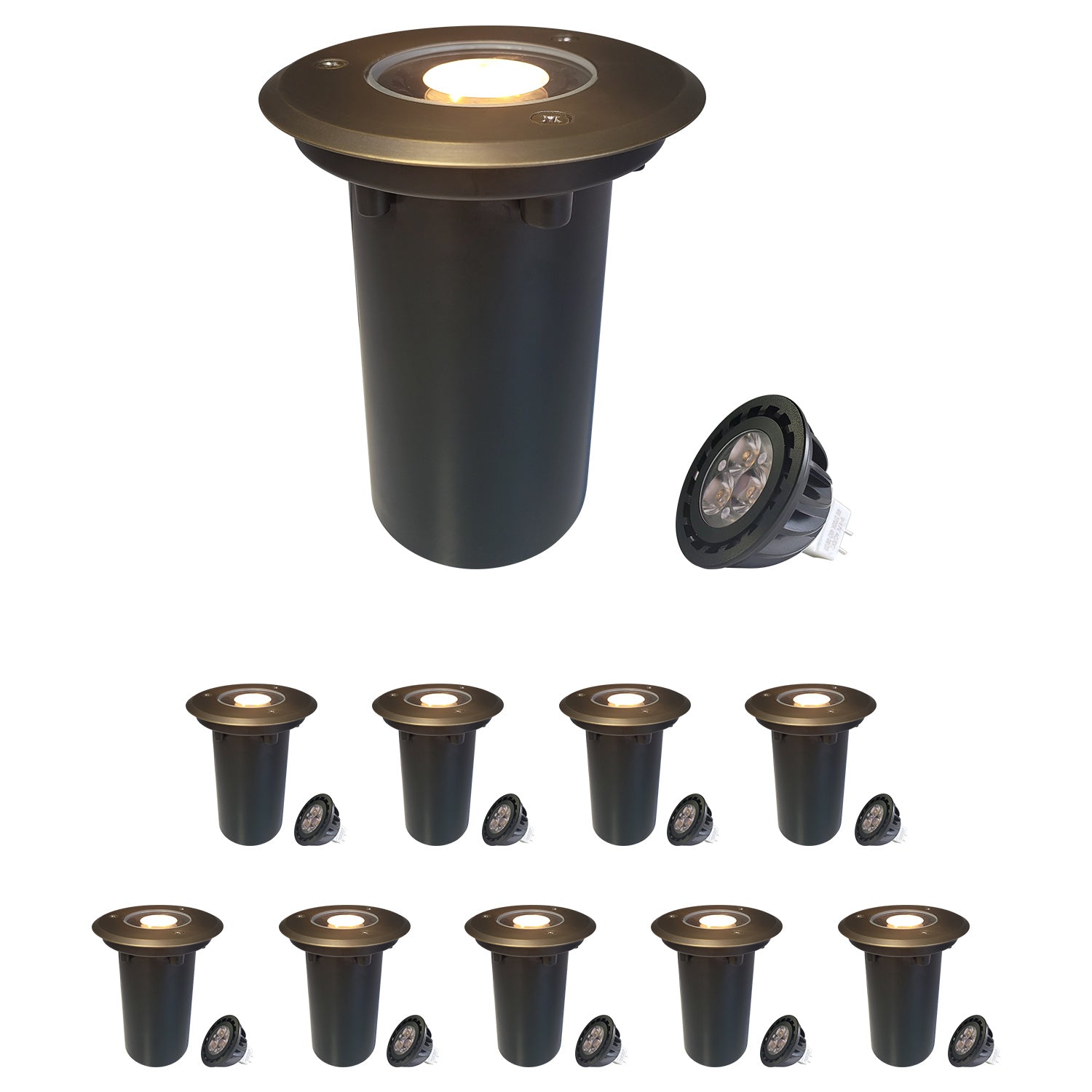 LED outdoor in-ground well lights for landscape tree lighting COG303B set with low voltage pathway illumination.