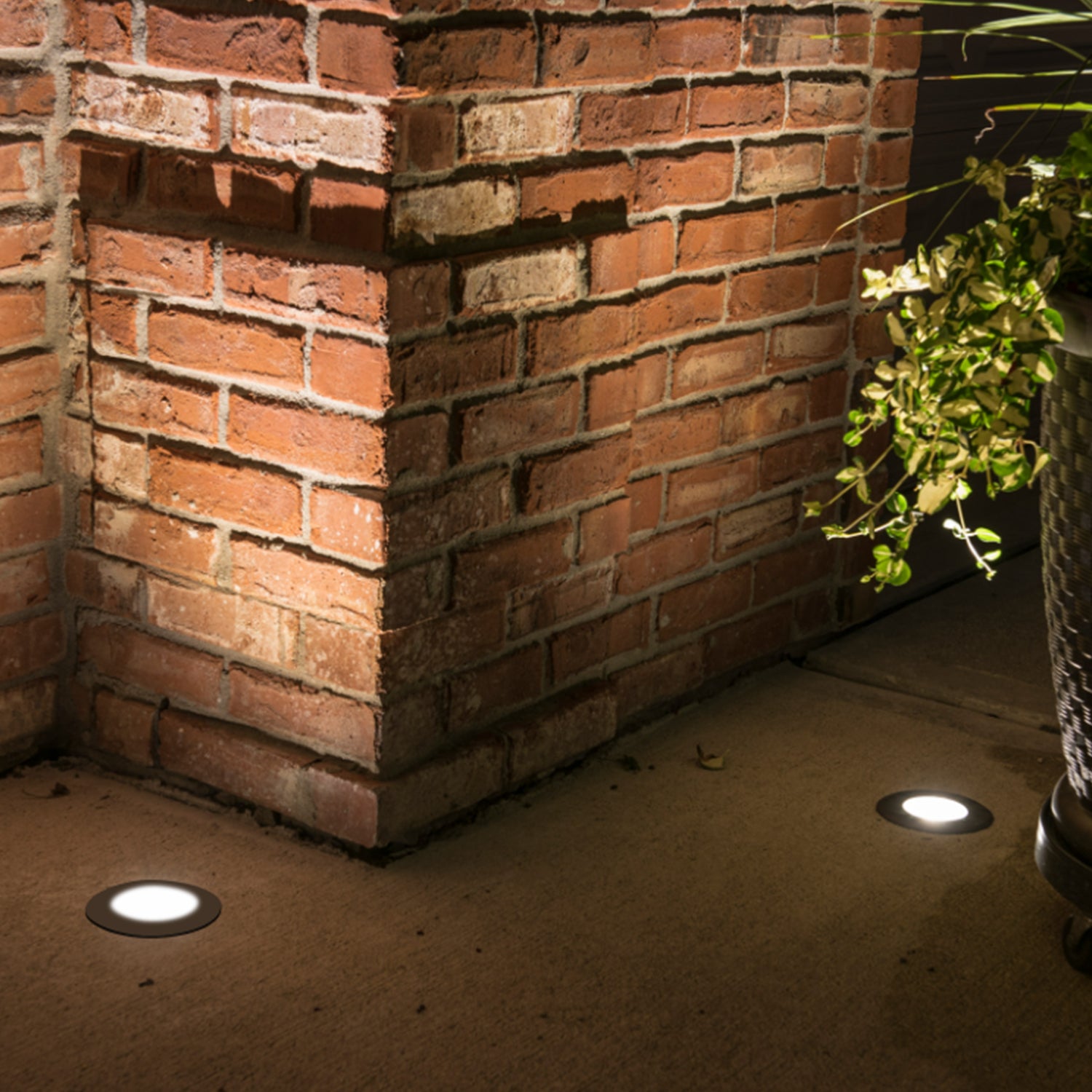 Outdoor brick corner with illuminated in-ground LED well lights highlighting the sidewalk and nearby potted plant