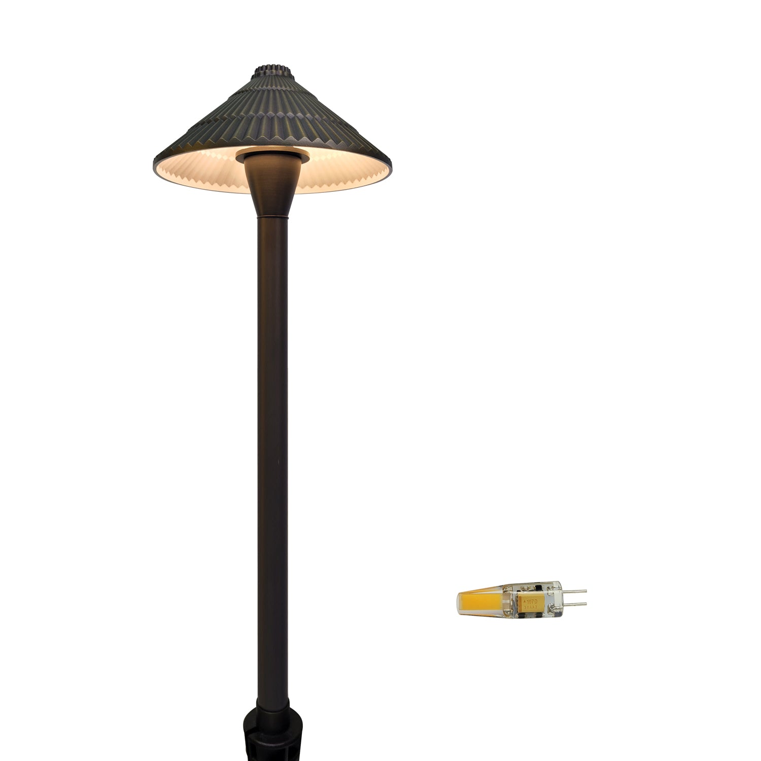 Brass LED Garden Pathway Light COP604B with illuminated lamp and included low voltage bulb