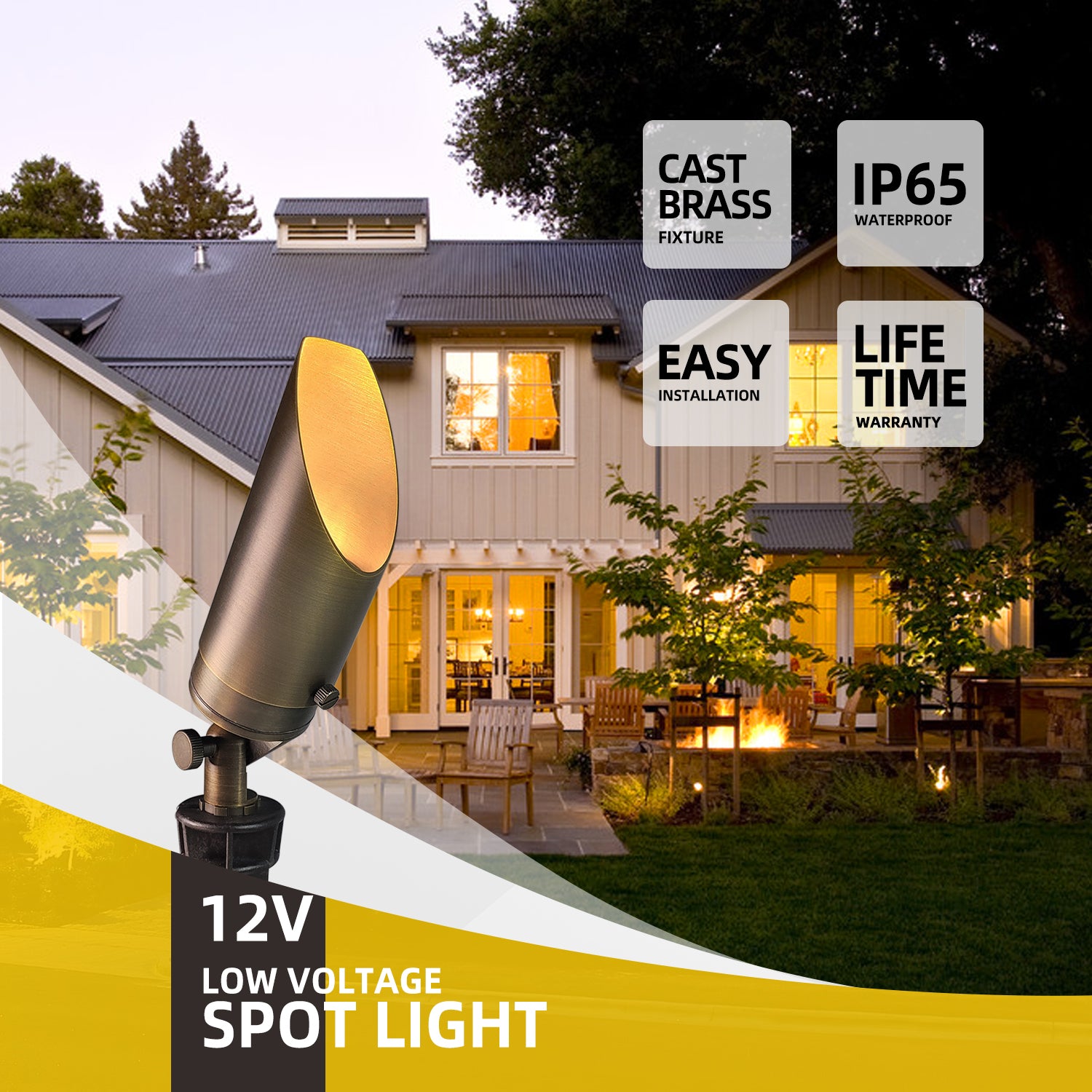 12V low voltage brass LED landscape spotlight for gardens and outdoor lighting, showcasing cast brass fixture, IP65 waterproof rating, easy installation, and lifetime warranty in front of a beautifully lit house.