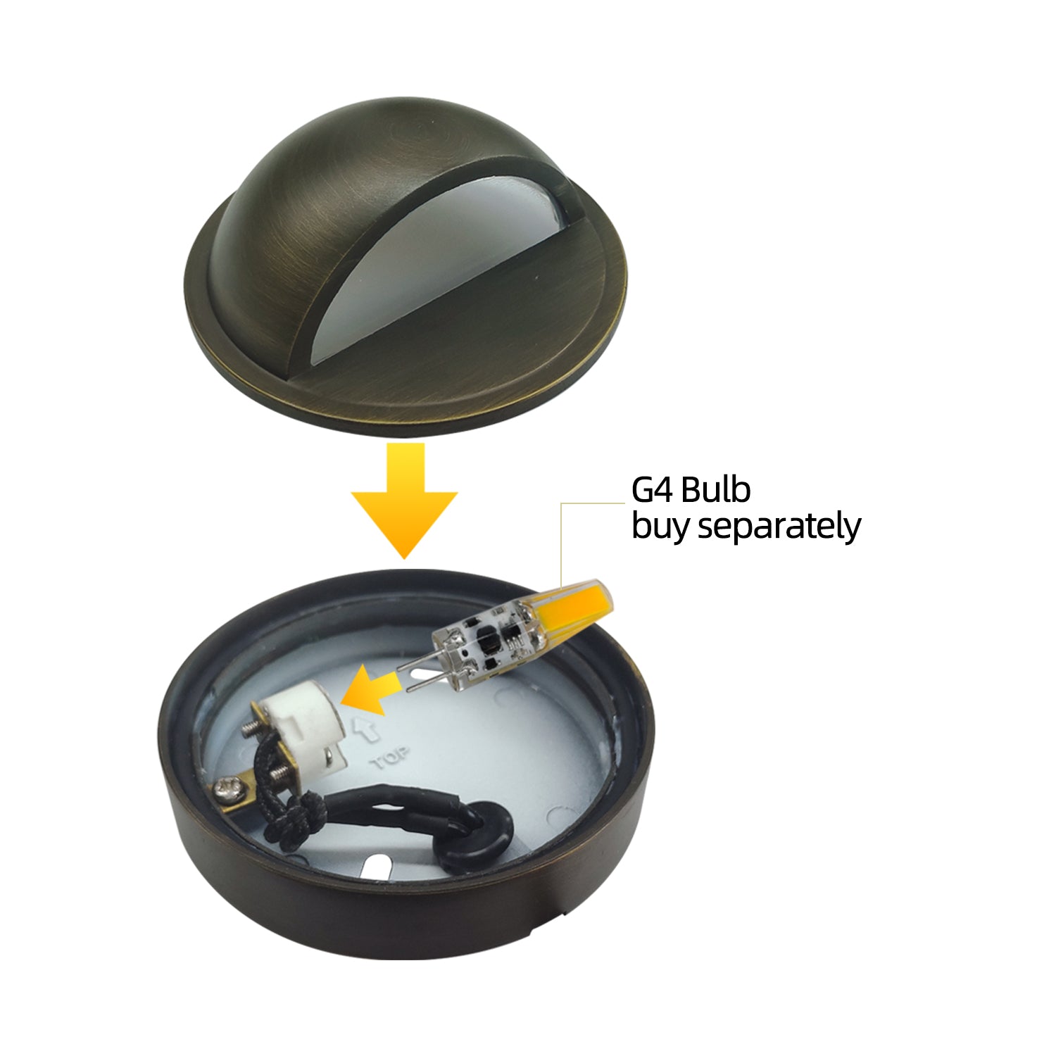 LED brass deck light COD401B showing cover and G4 bulb compartment, G4 bulb purchase separately