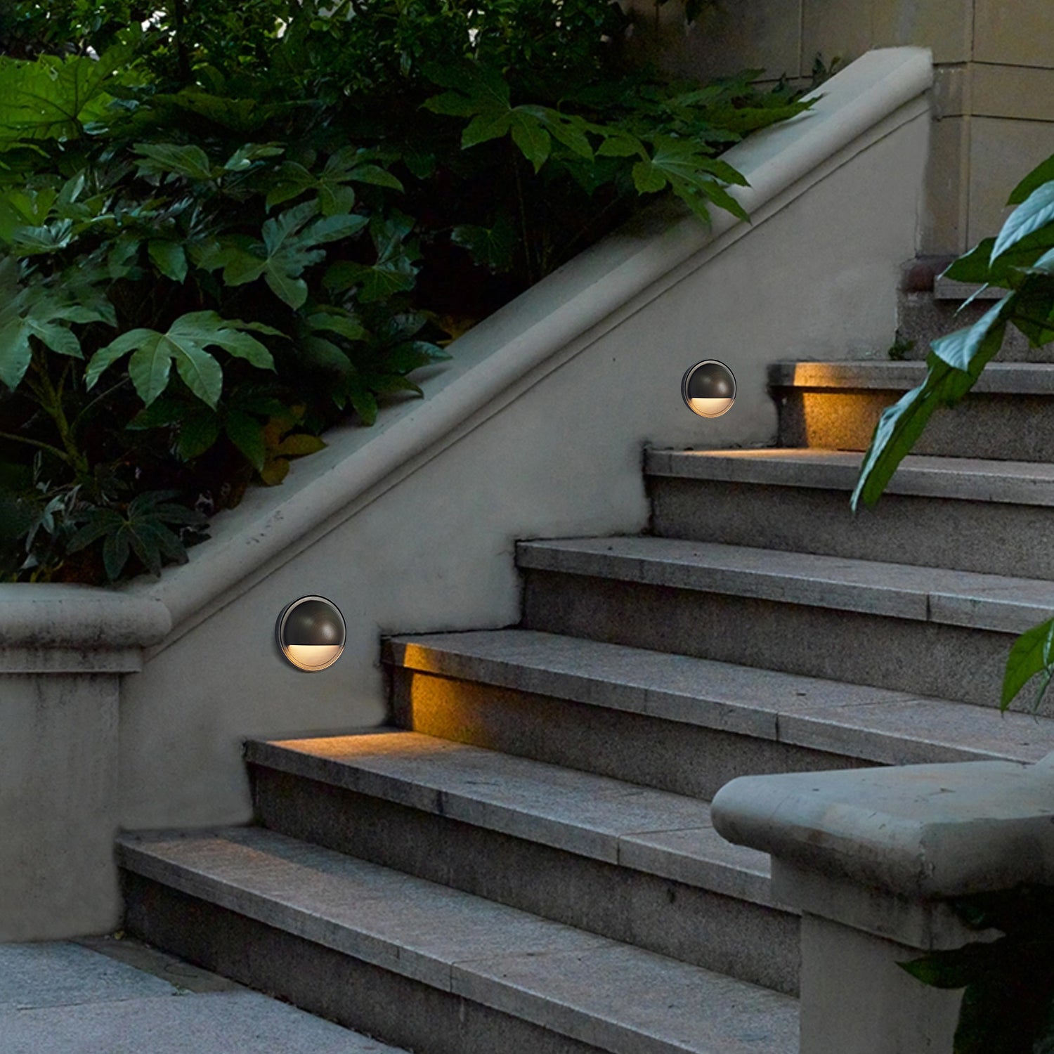 Low voltage LED brass deck lights illuminating outdoor steps, enhancing safety and aesthetics with durable, energy-efficient lighting.