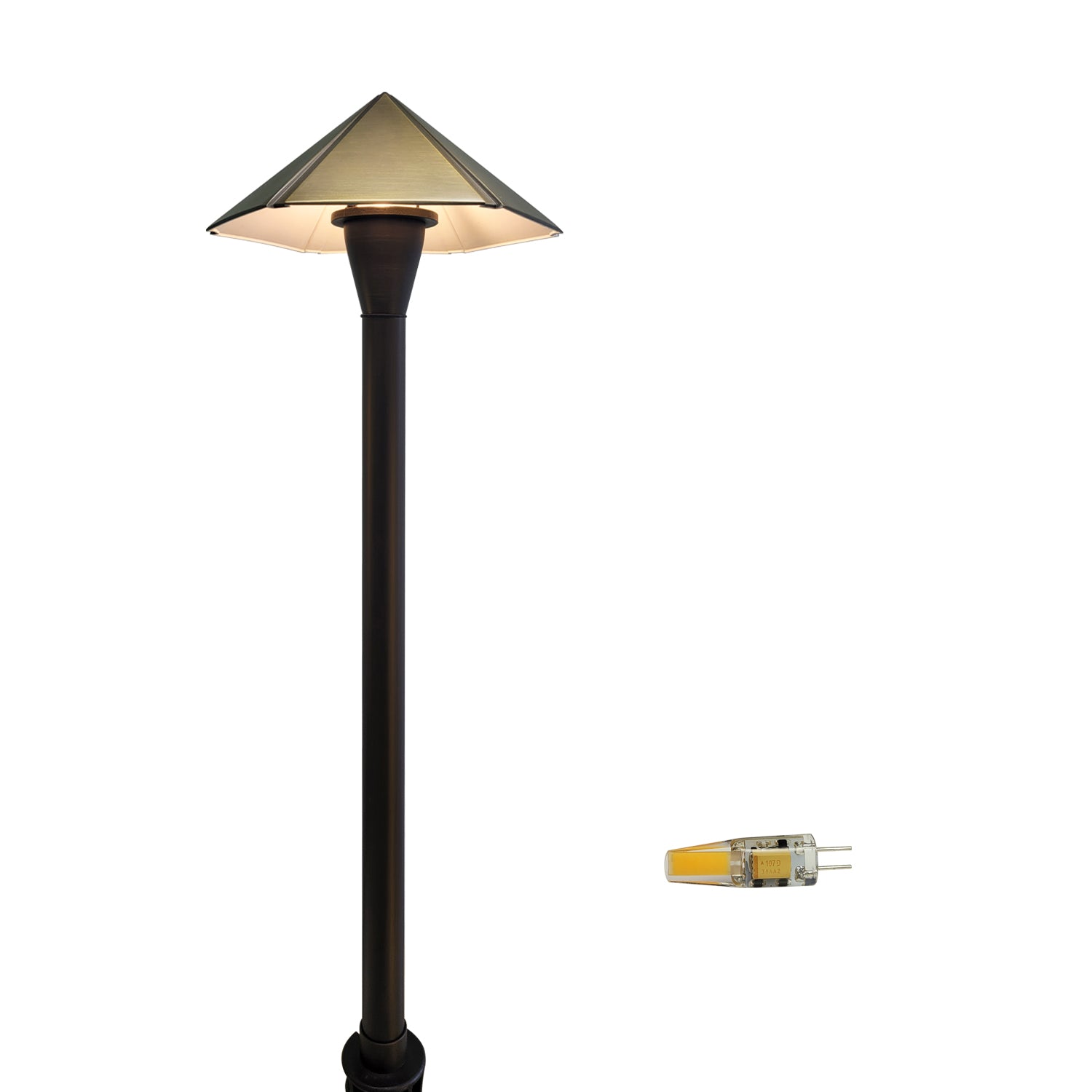COLOER 12V low voltage brass pathway light with conical shade and adjacent LED bulb for yard and driveway lighting