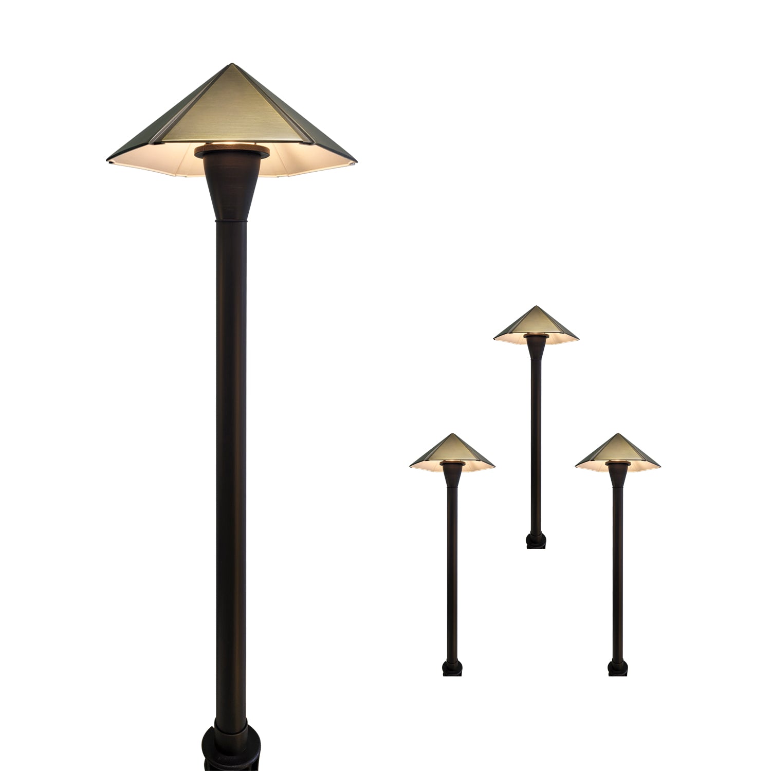 12V low voltage brass pathway lights with pyramid-shaped diffusers for driveways, gardens, and landscapes