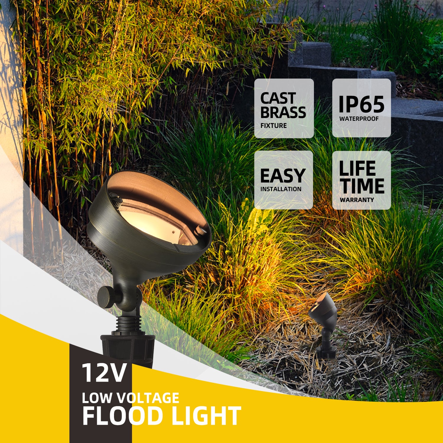 Brass oval flood light with a cast brass fixture, IP65 waterproof rating, easily installs, and comes with a lifetime warranty. Illuminates garden landscape.