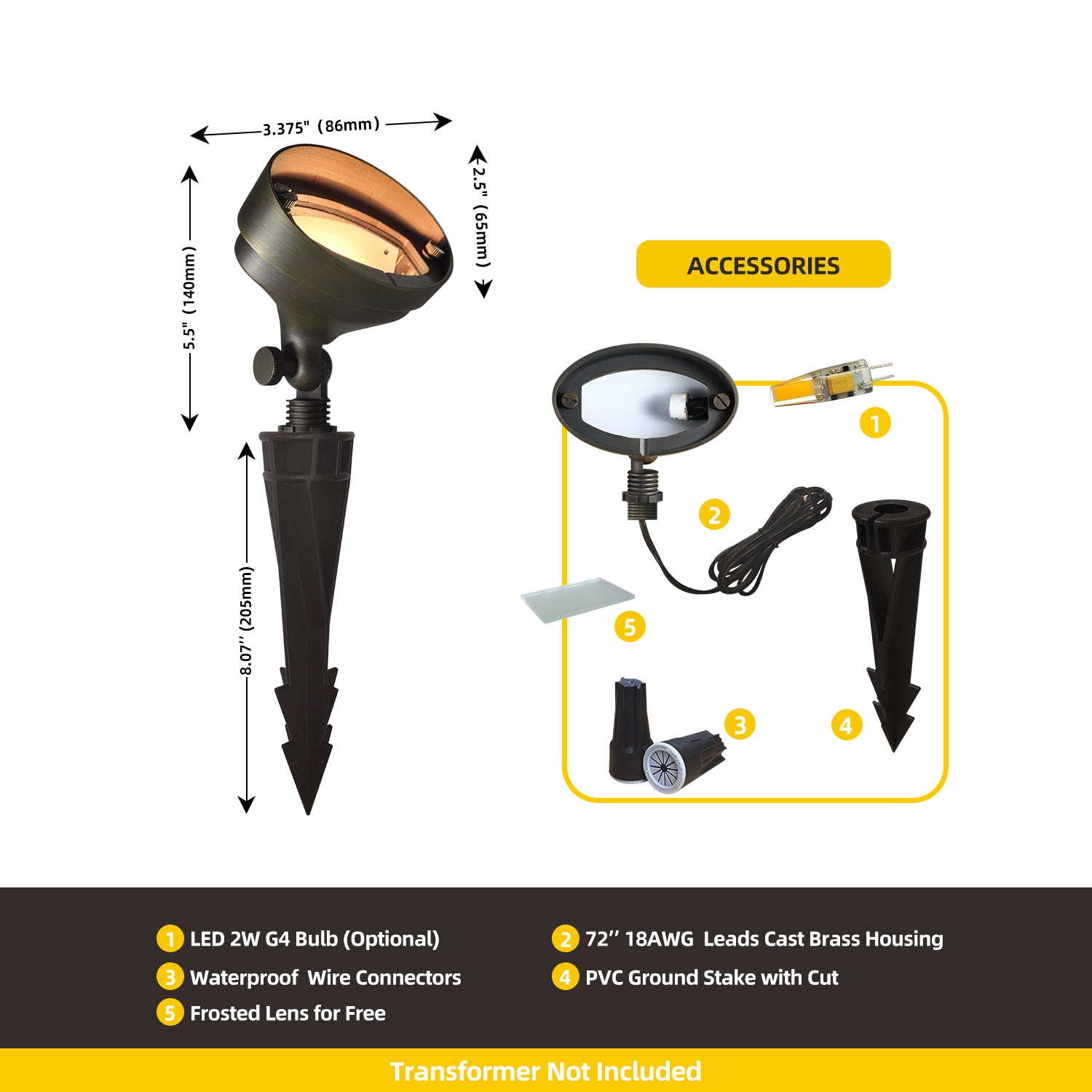 COLOER Brass Oval Flood Light COF501B with dimensions and included accessories: LED 2W G4 bulb, waterproof wire connectors, frosted lens, 72-inch 18AWG leads cast brass housing, and PVC ground stake.