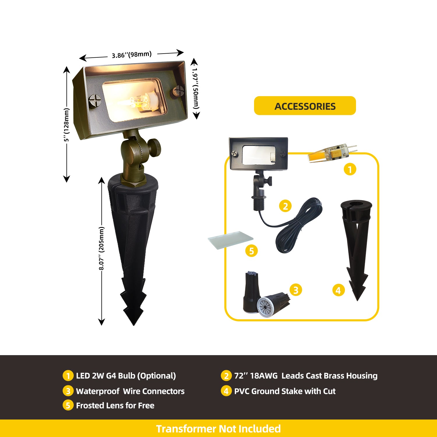 Mini brass rectangular flood light COF502B with dimensions and accessories including LED 2W G4 bulb, waterproof wire connectors, frosted lens, 72-inch 18 AWG leads cast brass housing, and PVC ground stake.