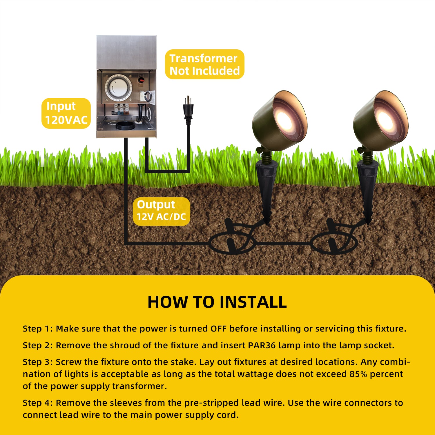 Installation guide for COLOER brass large size flood lights showing steps for low voltage landscape wall wash lighting setup