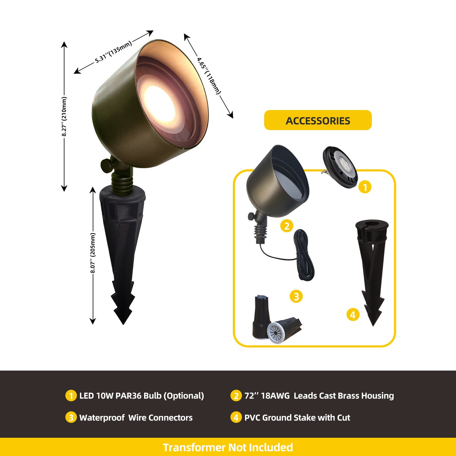 Brass LED landscape flood light with dimensions and accessories including 72-inch lead cast brass housing, waterproof wire connectors, PVC ground stake, optional LED 10W bulb