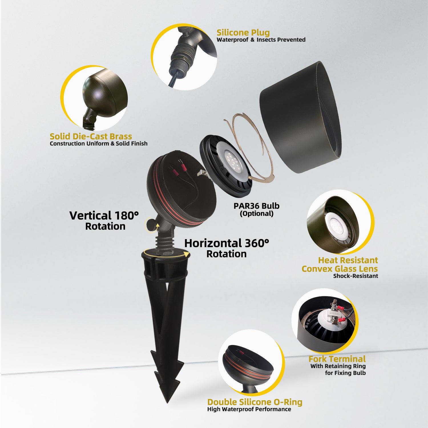 Exploded view of COF504B brass outdoor flood light showing silicone plug, die-cast brass construction, optional PAR36 bulb, 180° vertical and 360° horizontal rotation, heat-resistant glass lens, fork terminal, and double silicone O-ring.