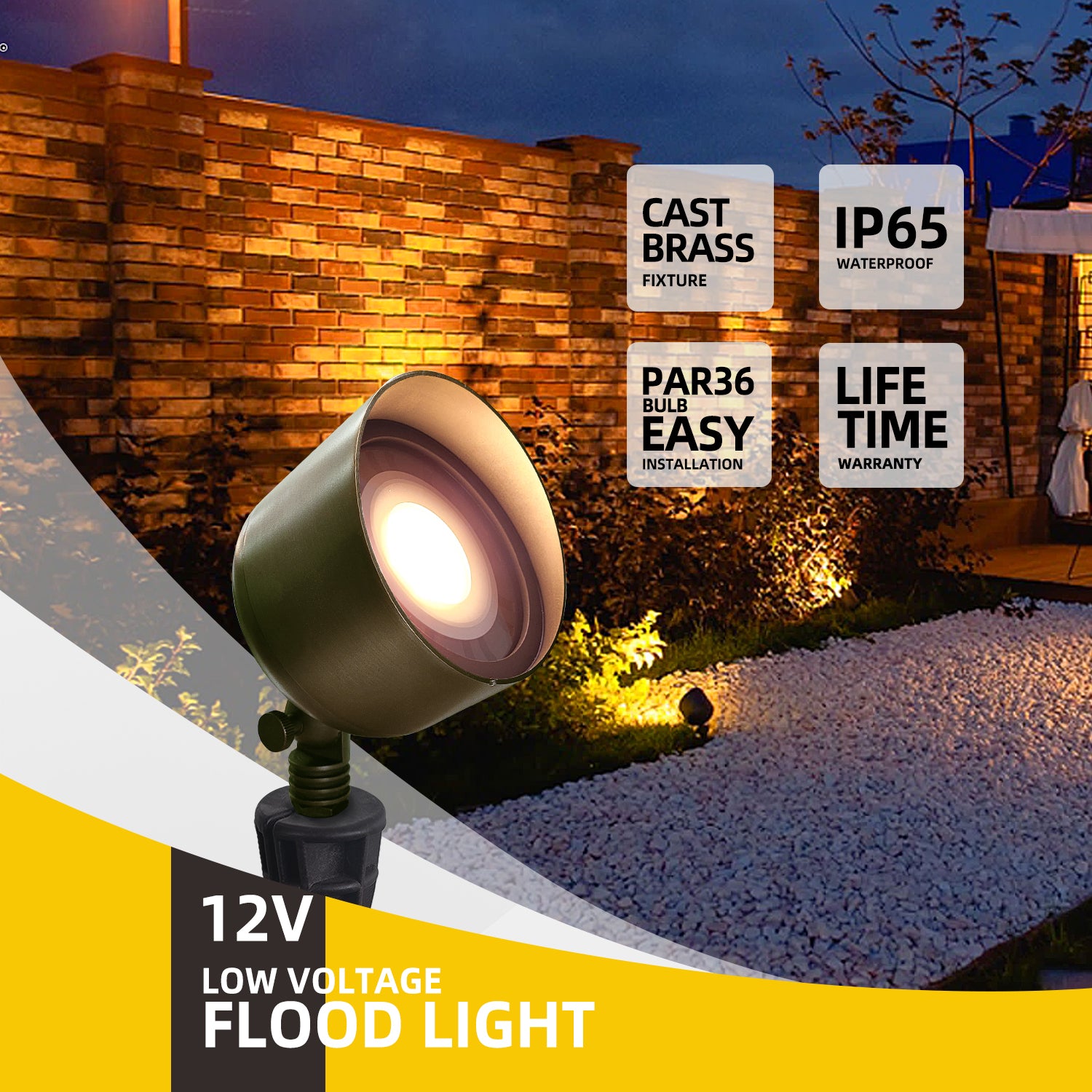 12V low voltage flood light illuminating garden, cast brass fixture, IP65 waterproof, easy PAR36 bulb installation, lifetime warranty