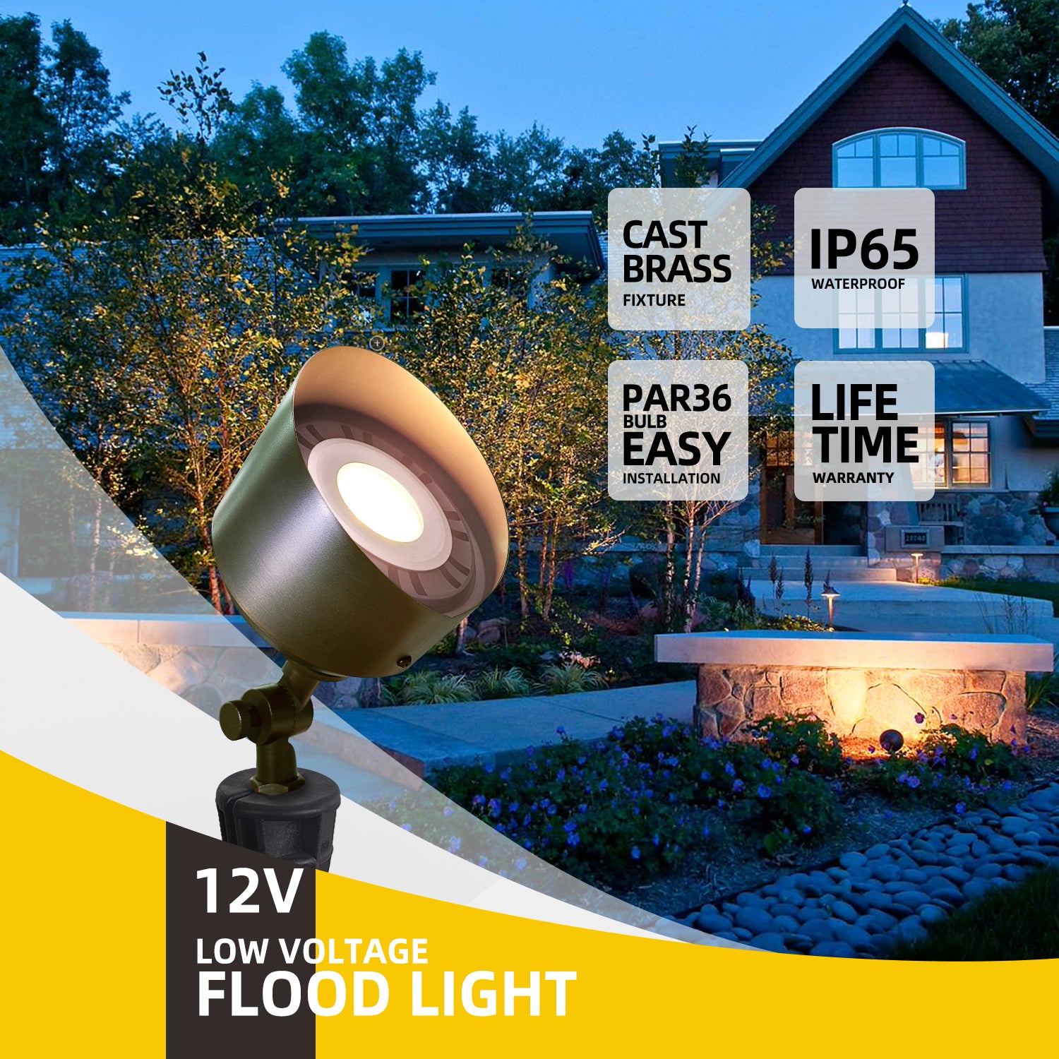 12V LED brass flood light illuminating a garden with features including cast brass fixture, IP65 waterproof rating, easy PAR36 bulb installation, and lifetime warranty