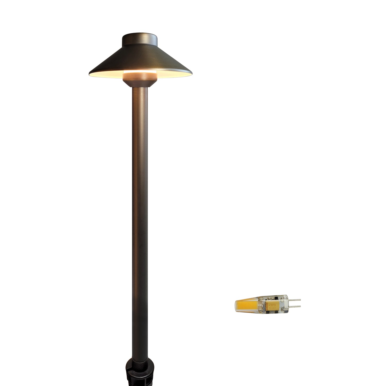 Copper 12V low voltage garden pathway light with brass outdoor decor lighting feature, model COP602B.