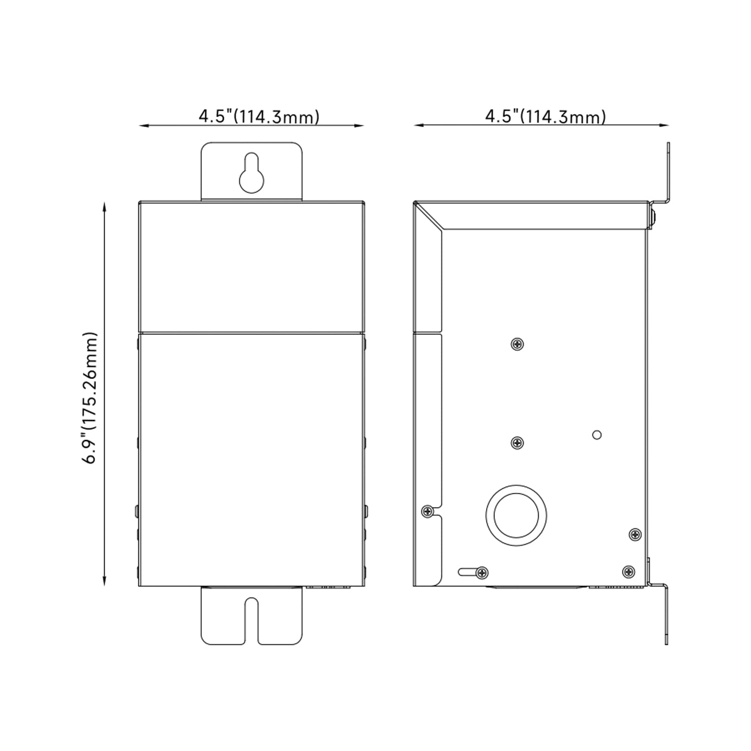 Technical schematic of 75W Multi-Tap Low Voltage Transformer for Outdoor Landscape Lighting COT702S with dimensions