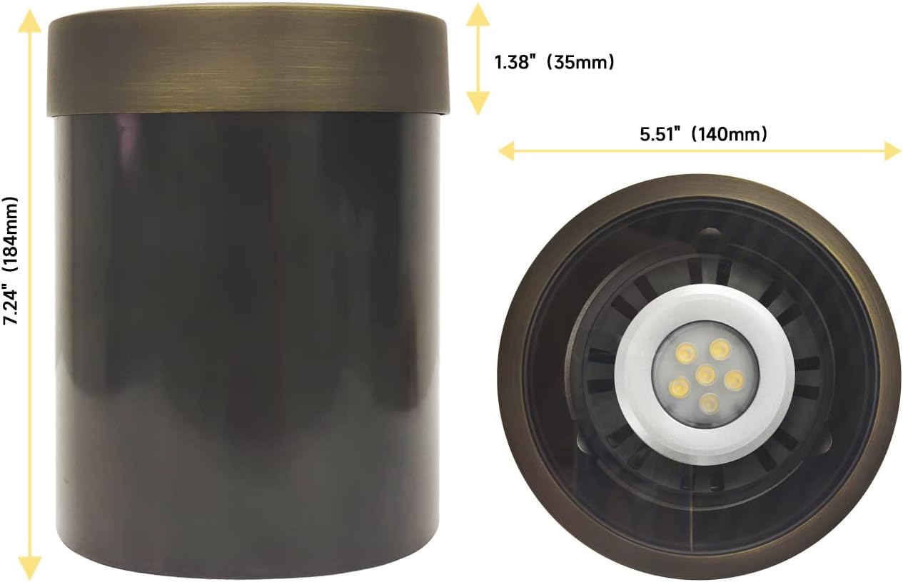 LED outdoor low voltage COG302B in-ground well light with dimensions displayed.