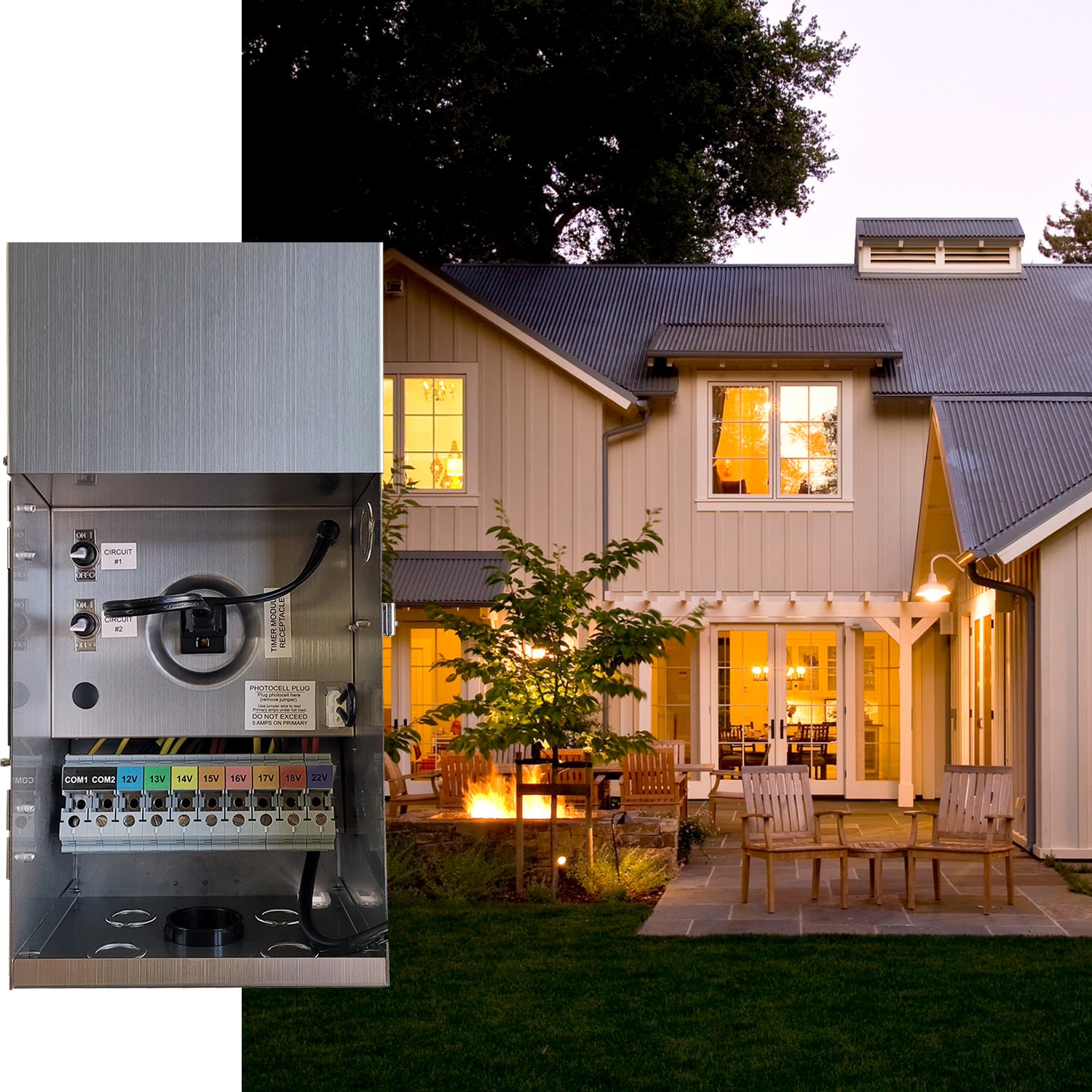 Close-up of COLOER 600W multi-tap low voltage transformer COT703S with voltage settings from 12V to 22V, alongside a beautifully illuminated residential garden at dusk