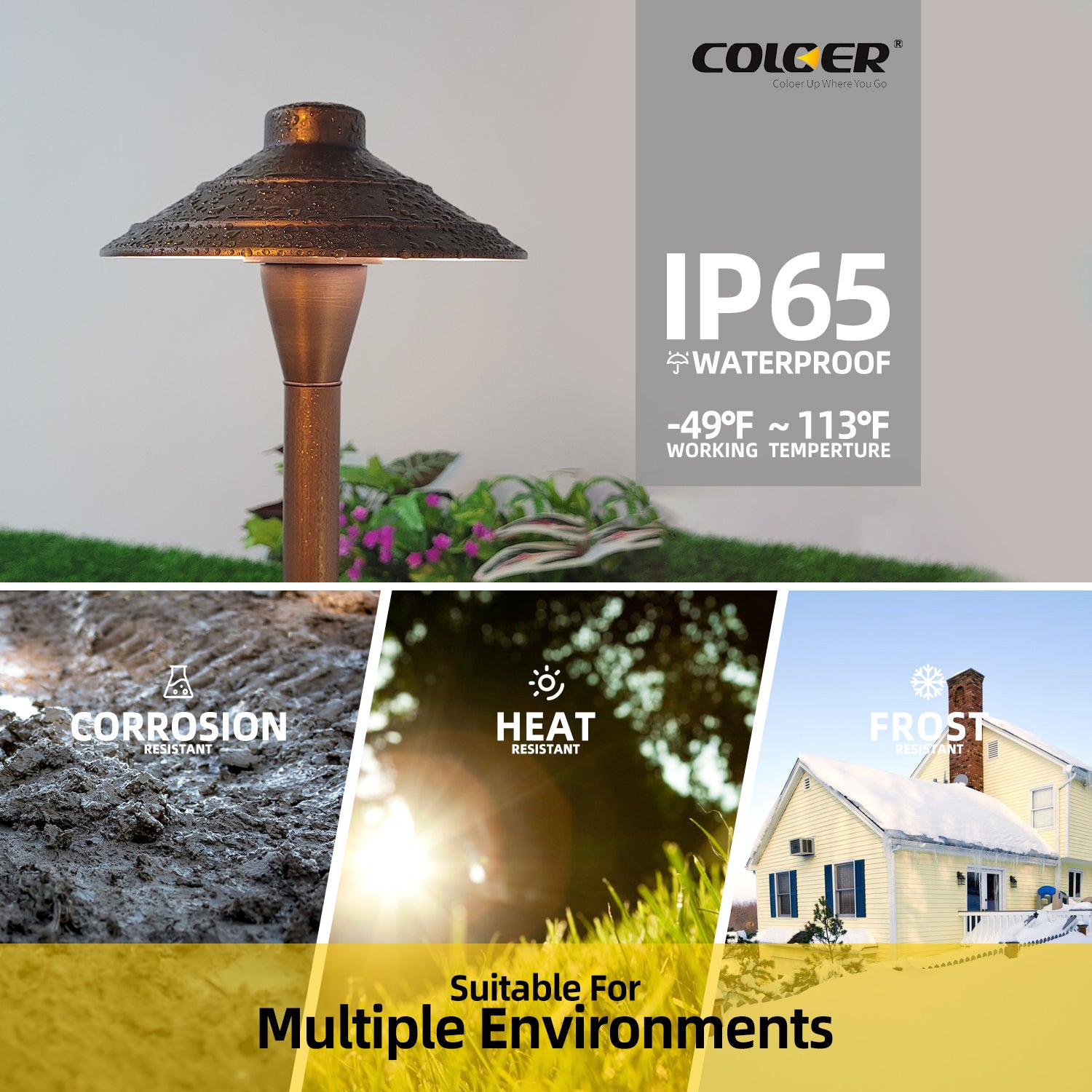 COLOER brass outdoor garden pathway light showcasing IP65 waterproof rating, operational temperature from -49°F to 113°F, corrosion, heat, and frost resistance, suitable for various environments.