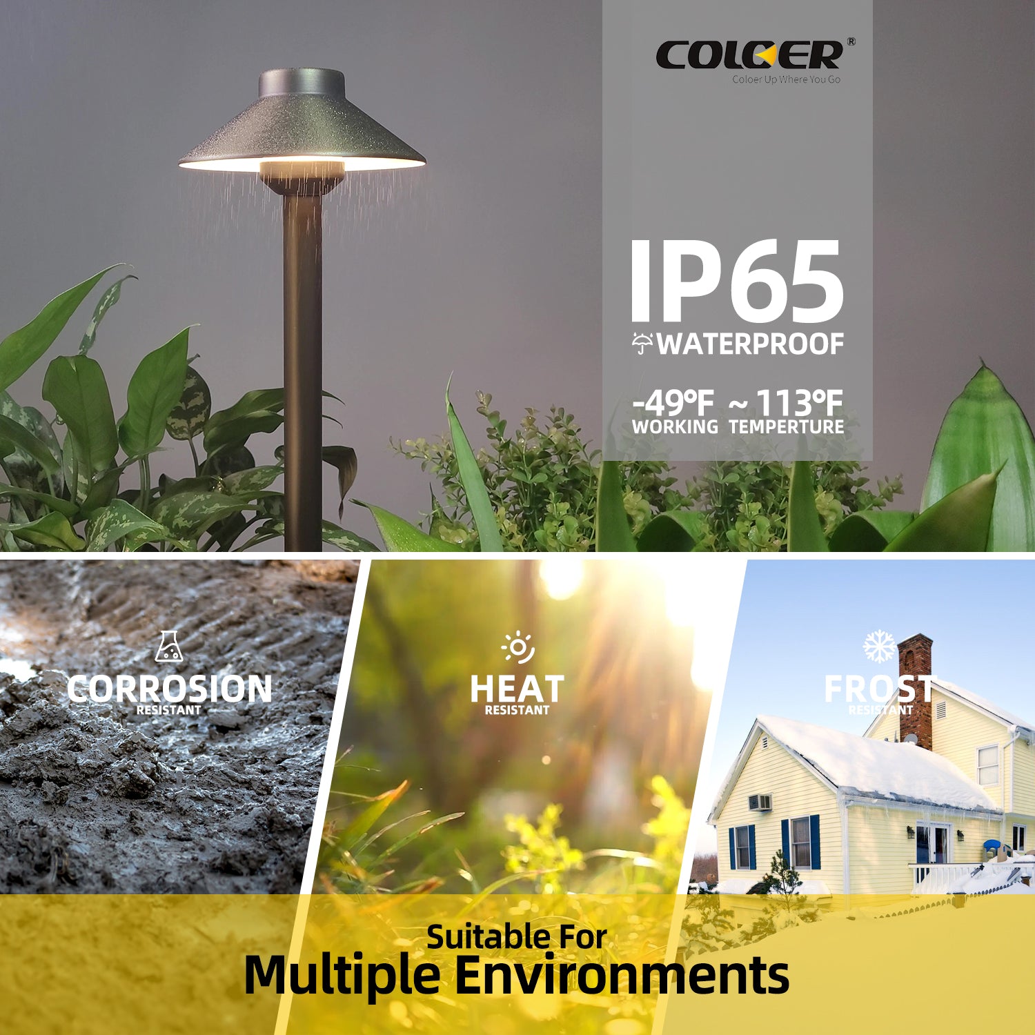 12V low voltage brass garden path light by COLOER with IP65 waterproof rating, suitable for multiple environments including corrosion, heat, and frost resistance