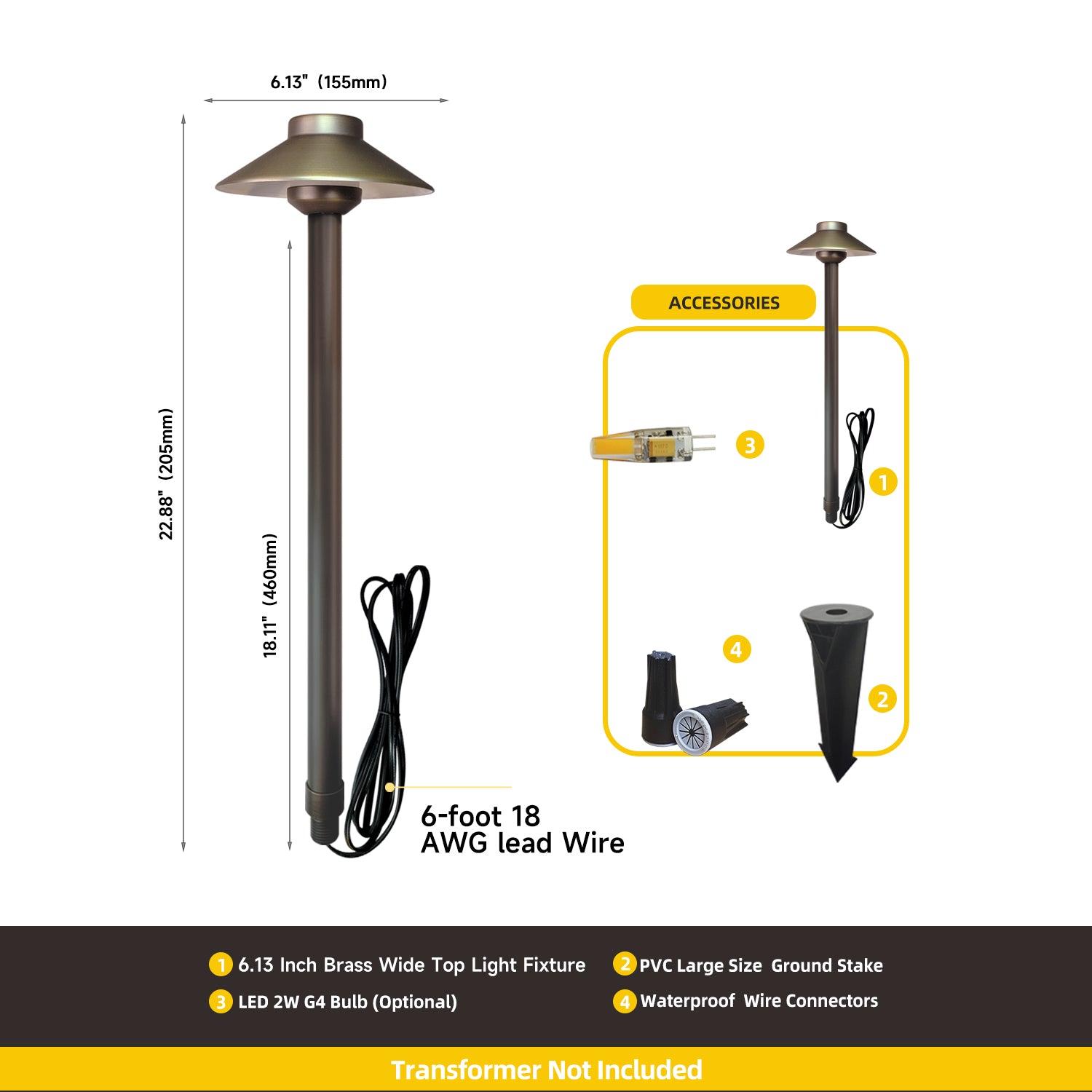 12V Low Voltage Brass Garden Path Light COP602B with 6.13-inch brass wide top light fixture, 22.88-inch height, 6-foot 18 AWG lead wire, LED 2W G4 bulb, PVC large size ground stake, and waterproof wire connectors. Transformer not included.