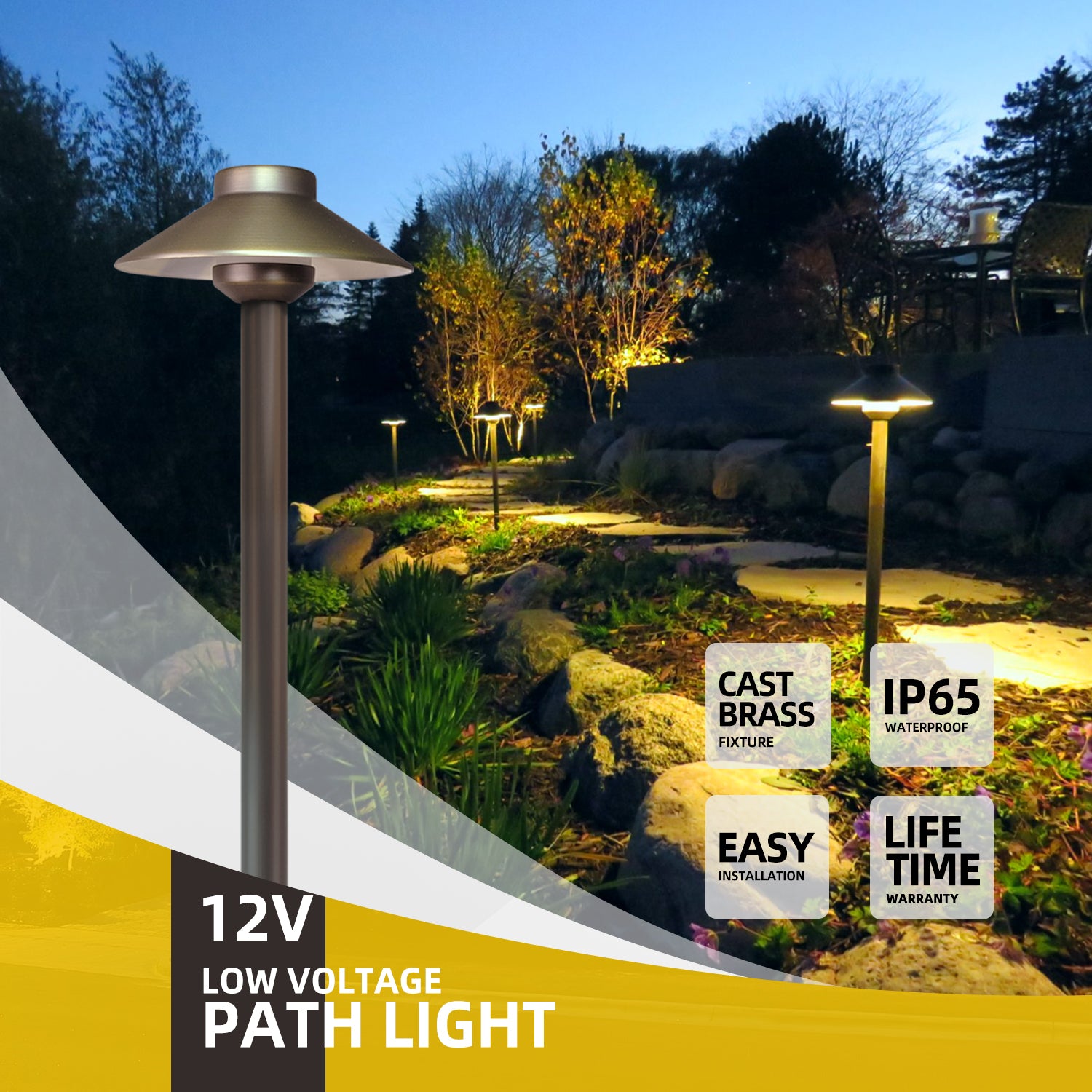 Dusk garden walkway illuminated by 12V low voltage brass path lights showcasing cast brass fixtures, IP65 waterproof rating, easy installation, and lifetime warranty