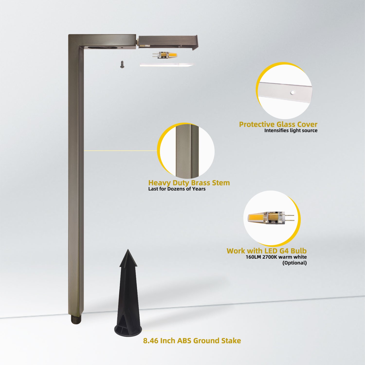 Low voltage outdoor brass path light with protective glass cover, heavy-duty brass stem, LED G4 bulb compatibility, and 8.46 inch ABS ground stake. Ideal for garden and landscape lighting.