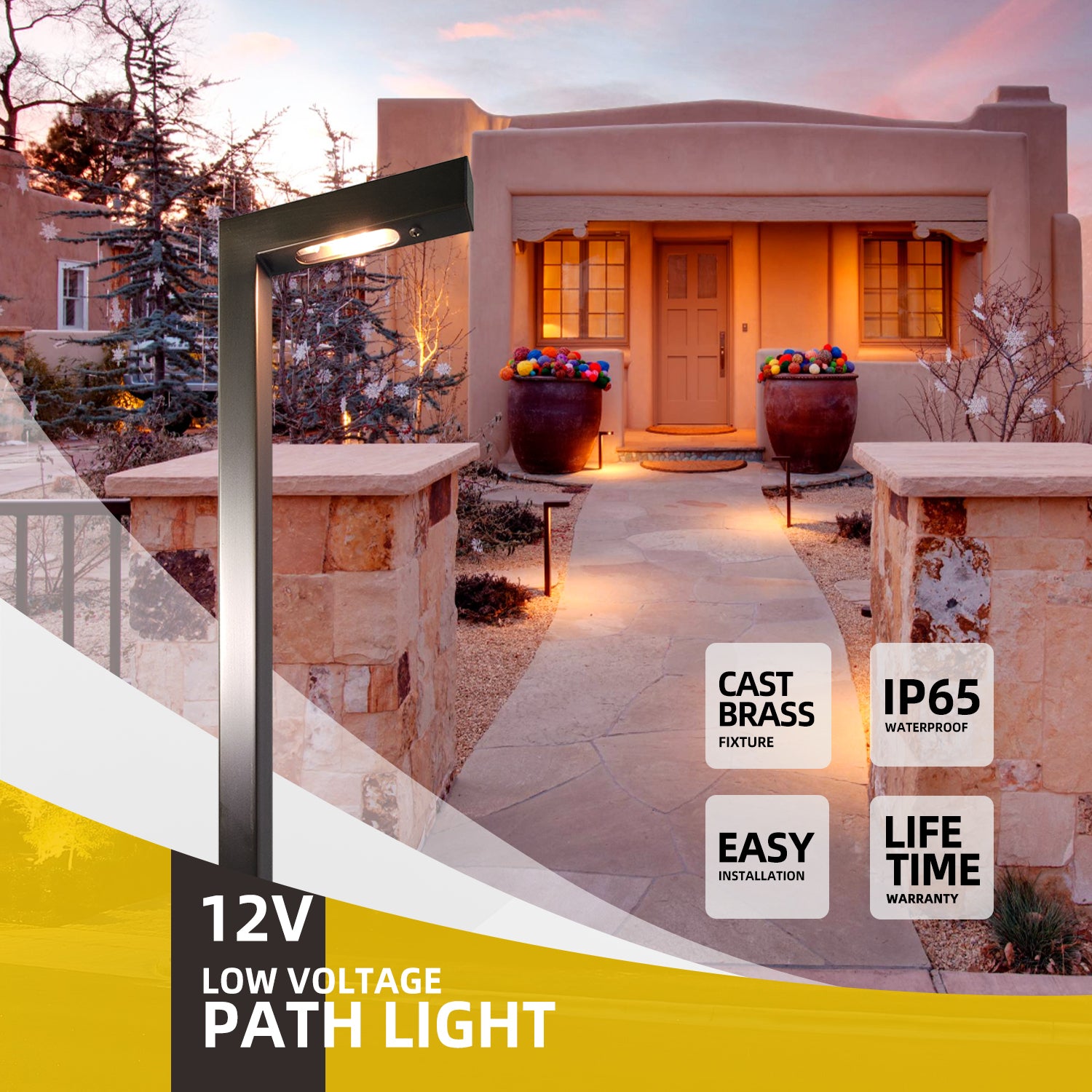 12V low voltage outdoor path light with brass fixture, waterproof IP65, easy installation, lifetime warranty, ideal for garden landscape lighting