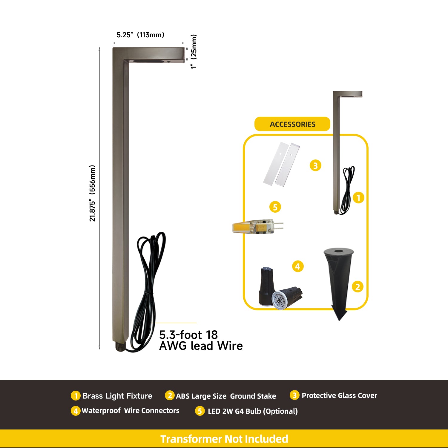 Low Voltage Outdoor Brass Path Light with 5.3-foot lead wire, ground stake, protective glass cover, and optional LED 2W G4 bulb.