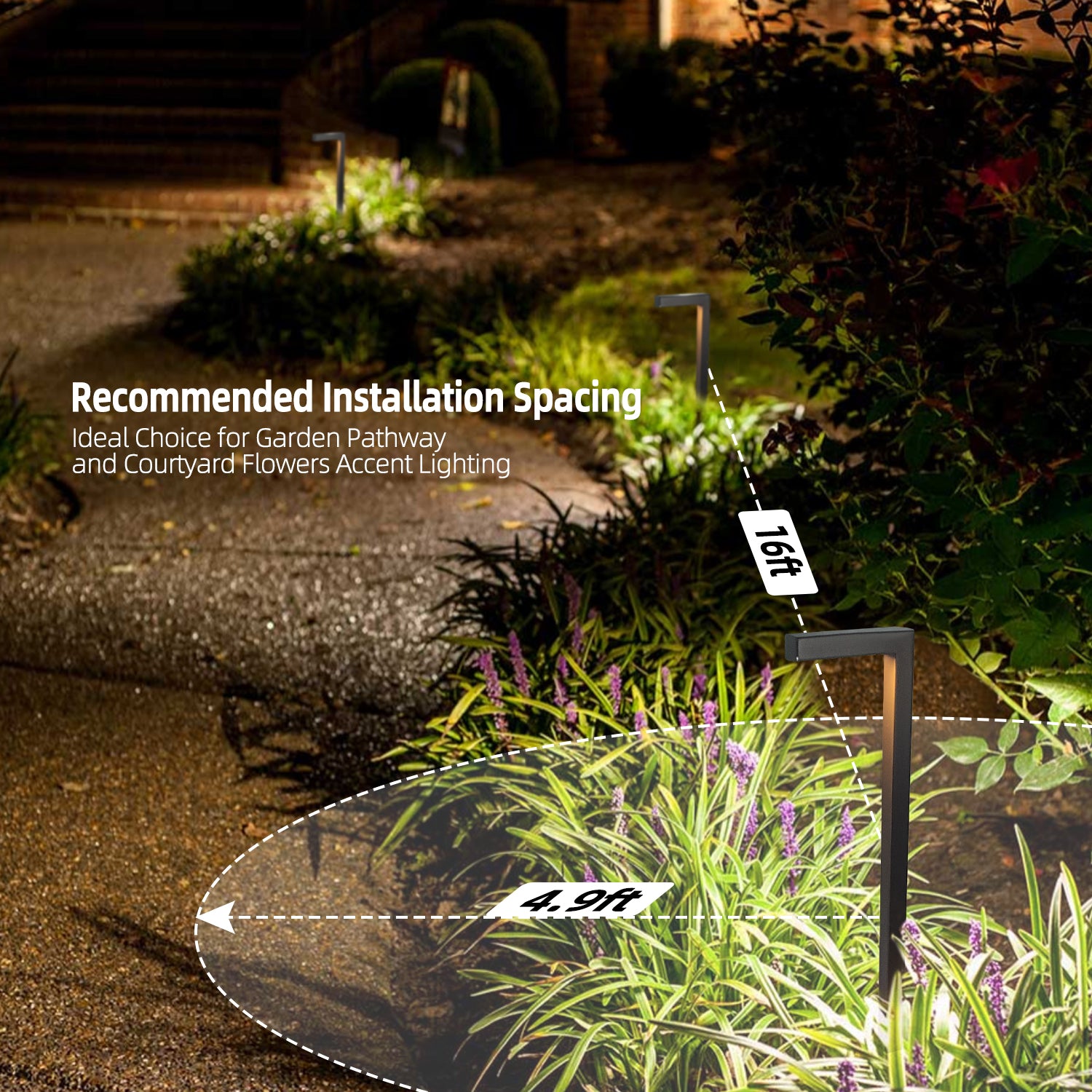 Nighttime garden with low voltage brass pathway lights, illuminating green plants and pathway. Recommended installation spacing with 16ft between lights and 4.9ft radius coverage.