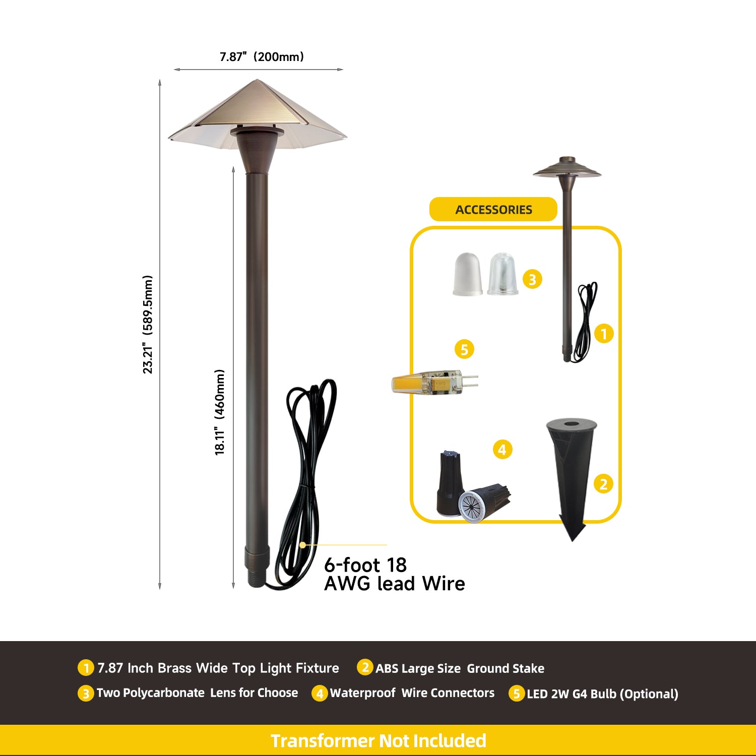 12V Low Voltage Pathway Light with Brass Wide Top Light Fixture, ABS Large Size Ground Stake, 6-foot 18 AWG Lead Wire, two polycarbonate lenses, and LED 2W G4 bulb. Transformer not included.