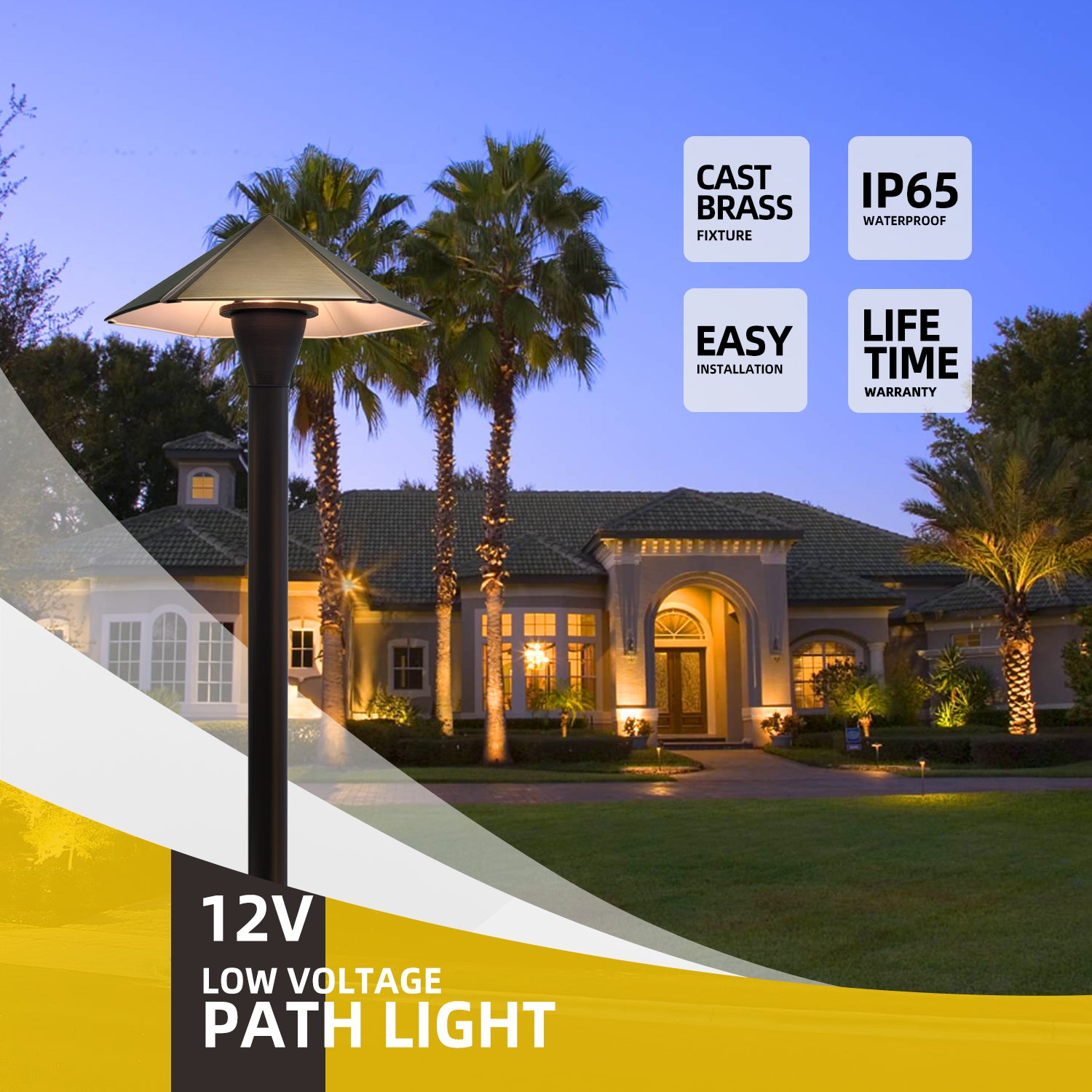 12V low voltage pathway light made of cast brass in a garden setting with a house illuminated in the background, showcasing features like cast brass fixture, IP65 waterproof, easy installation, and lifetime warranty.