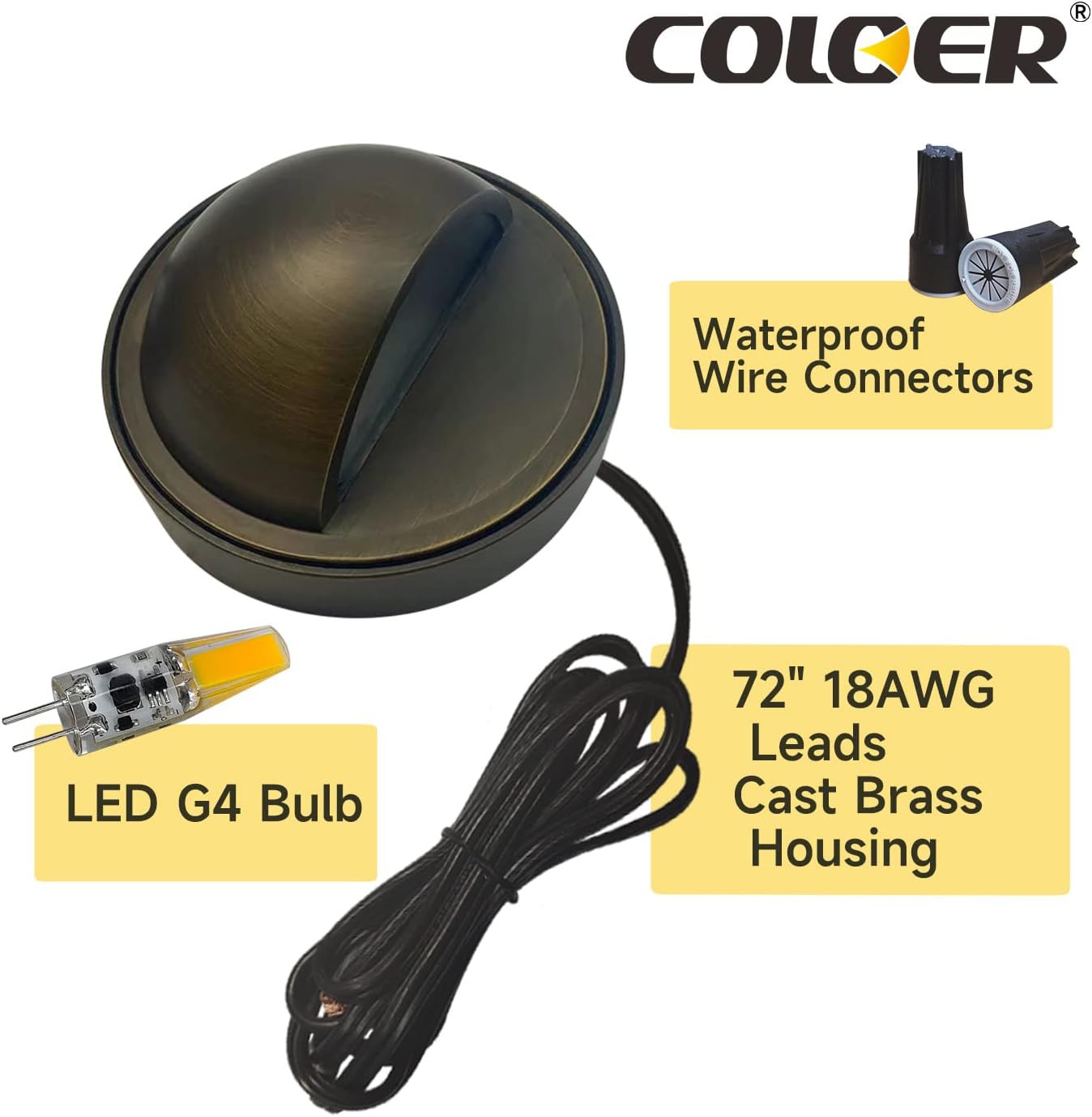 Low voltage waterproof brass deck light with LED G4 bulb and wire connectors for backyard landscape lighting COD401B