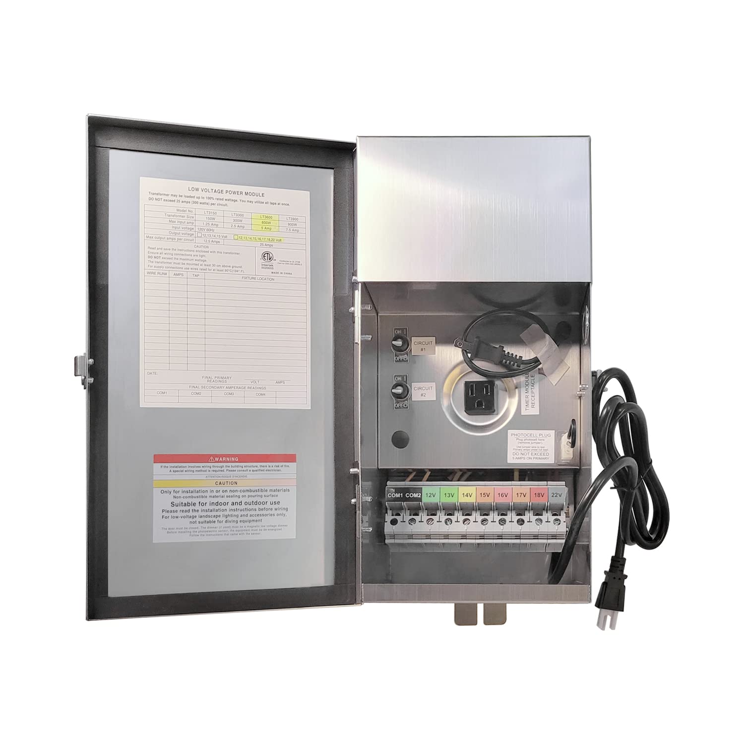 600W multi-tap low voltage transformer for outdoor landscape lighting, model COT703S with voltage options and timer display.