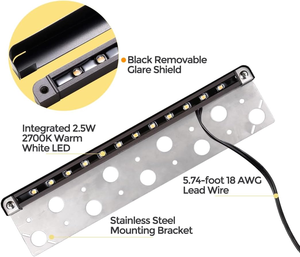 13 Inch Aluminum LED Hardscape Light labeled with Black Removable Glare Shield, Integrated 2.5W 2700K Warm White LED, Stainless Steel Mounting Bracket, and 5.74-foot 18 AWG Lead Wire, suitable for outdoor step lighting.