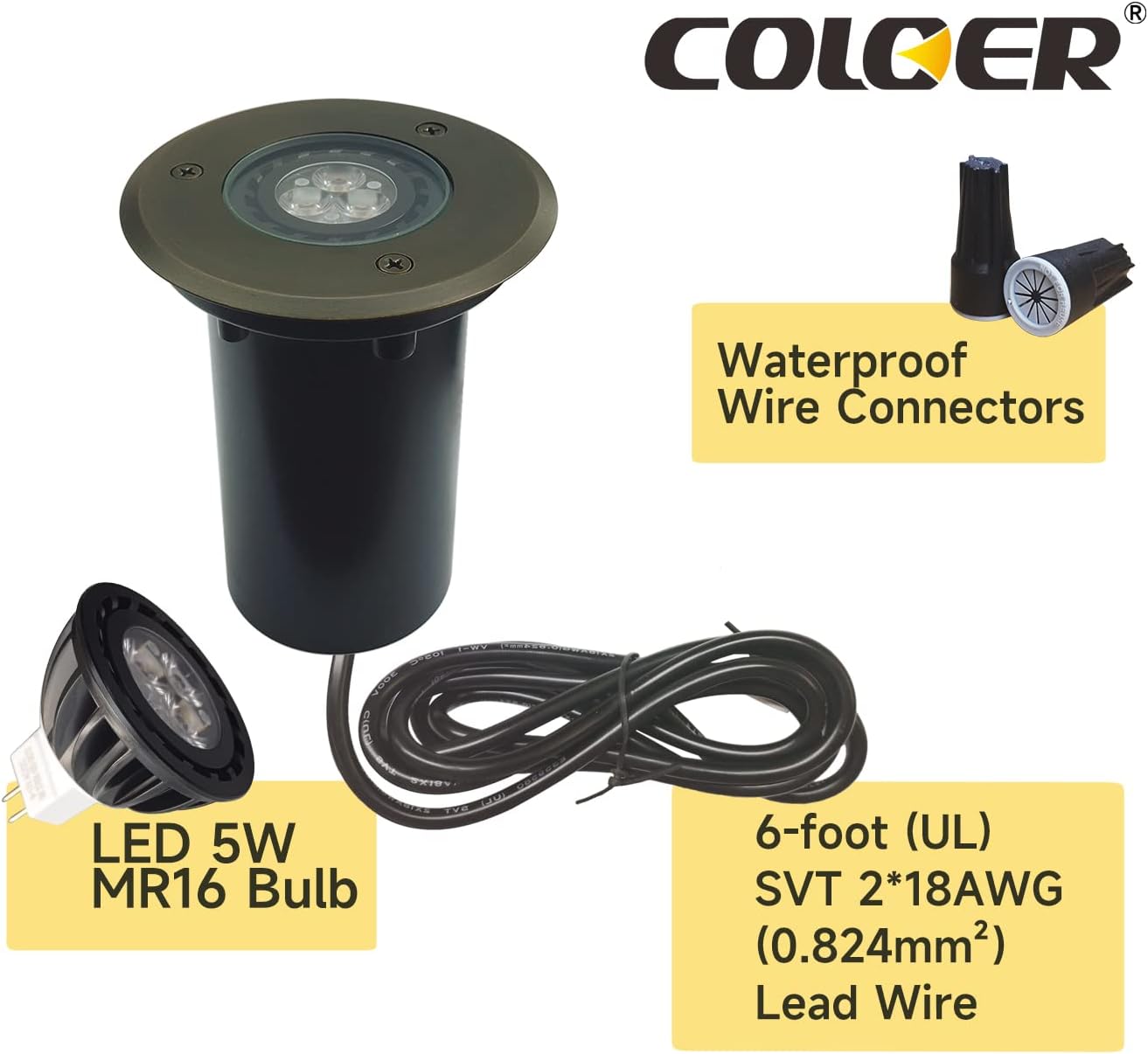 LED outdoor low voltage pathway light with waterproof wire connectors and 6-foot lead wire from COCER brand.
