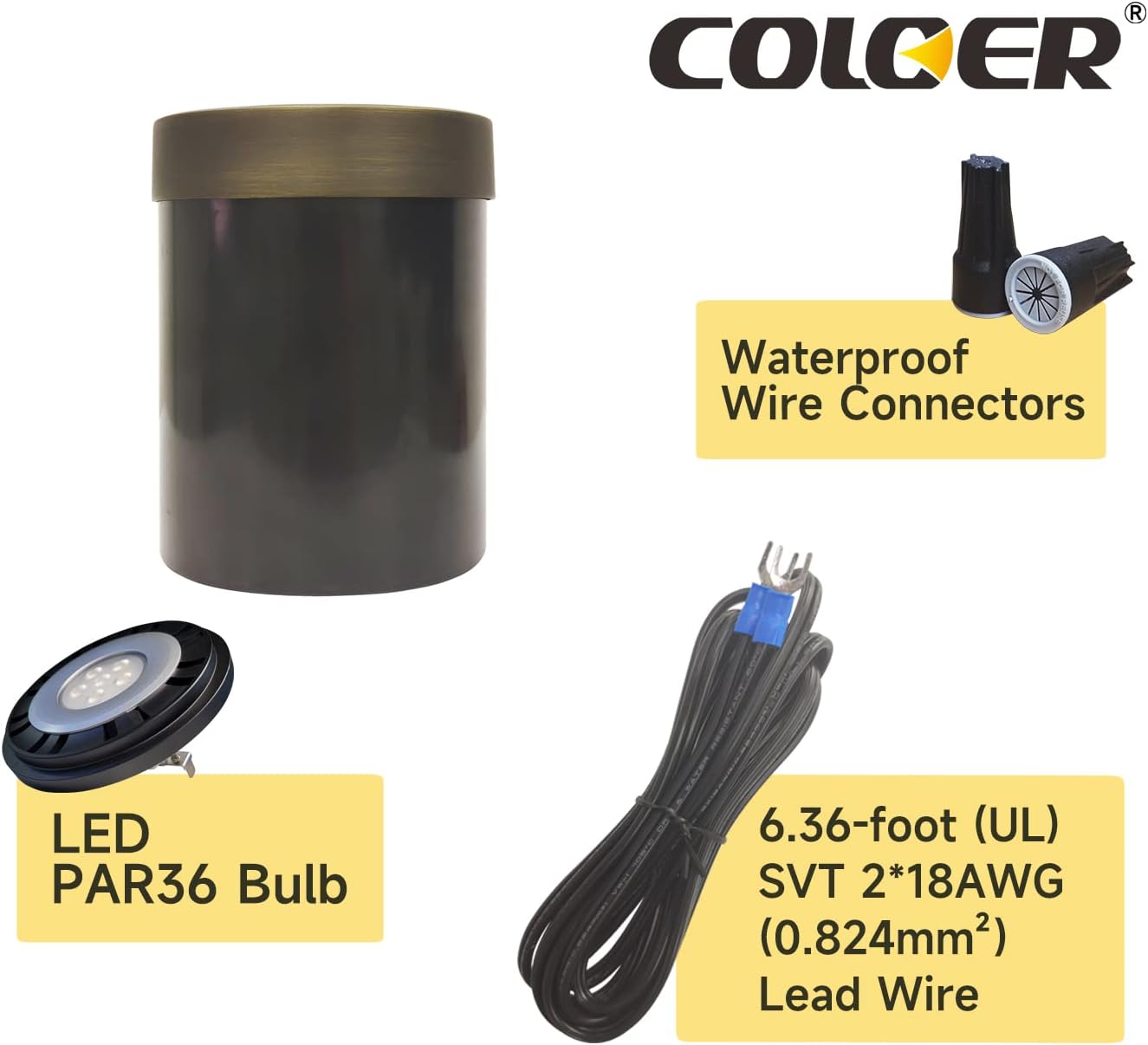 LED outdoor low voltage pathway well light kit with PAR36 bulb, waterproof wire connectors, and 6.36-foot lead wire.